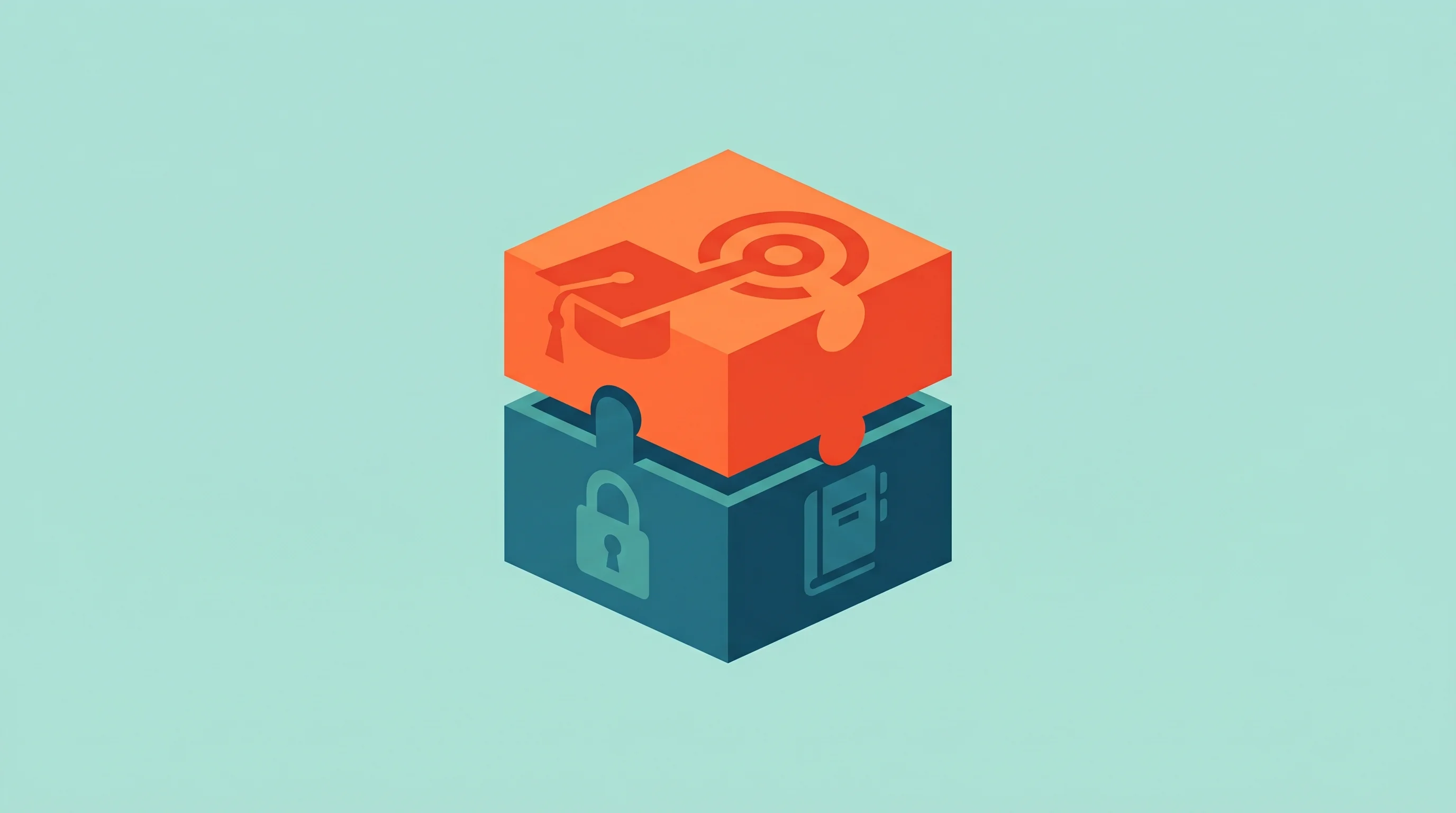 Digital illustration for article section "The Stack" in "Student Startup Tackles Scholarship Fraud with Blockchain Tech" - A clean, minimalist flat illustration of a two-tiered geometric stack representing the integration o...