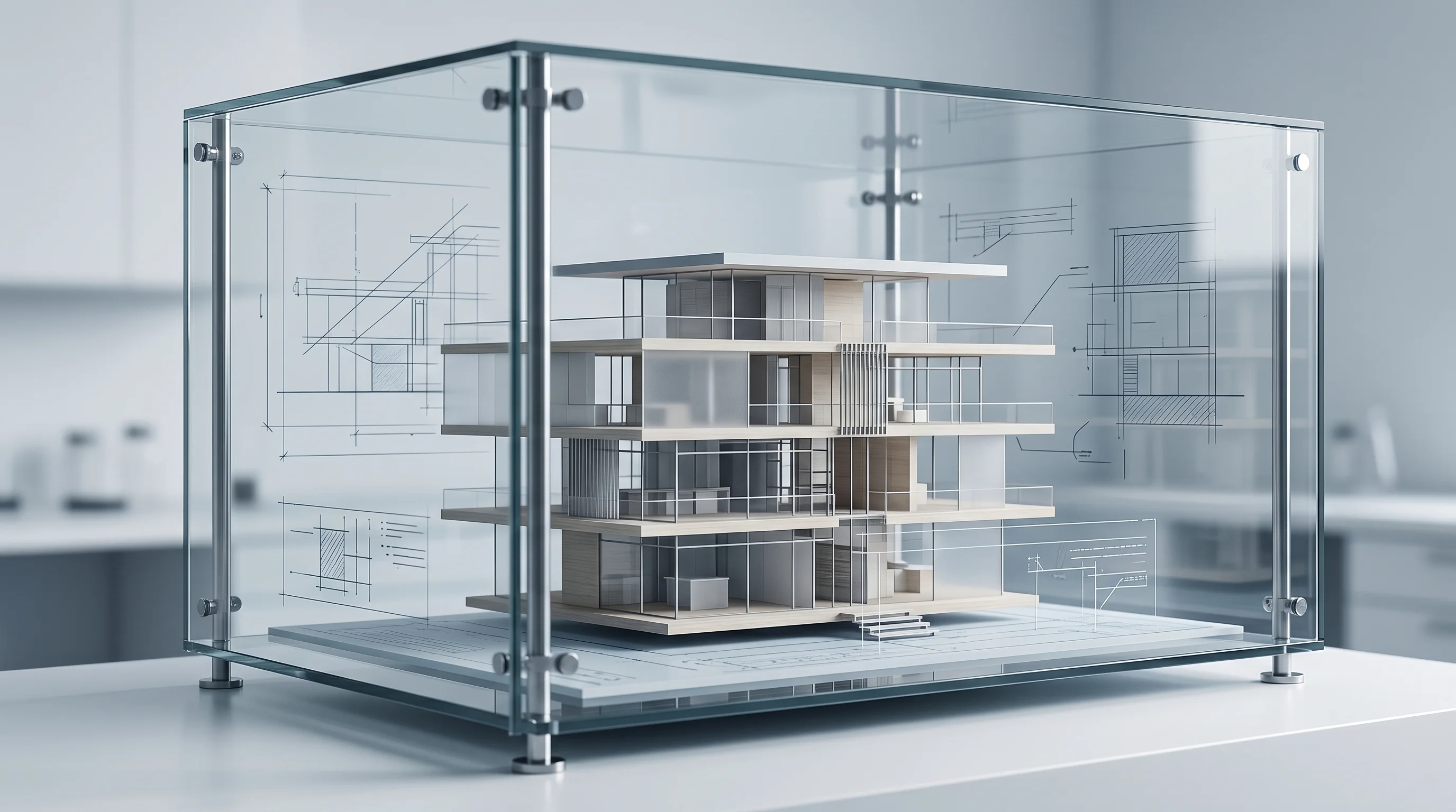 Digital illustration for article section "The Sandbox as Laboratory" in "Ndarama Launches Secondary Market for Property-Backed Tokens in Zimbabwe" - A clean, minimalist conceptual image of a modern architectural property model placed inside a sleek,...