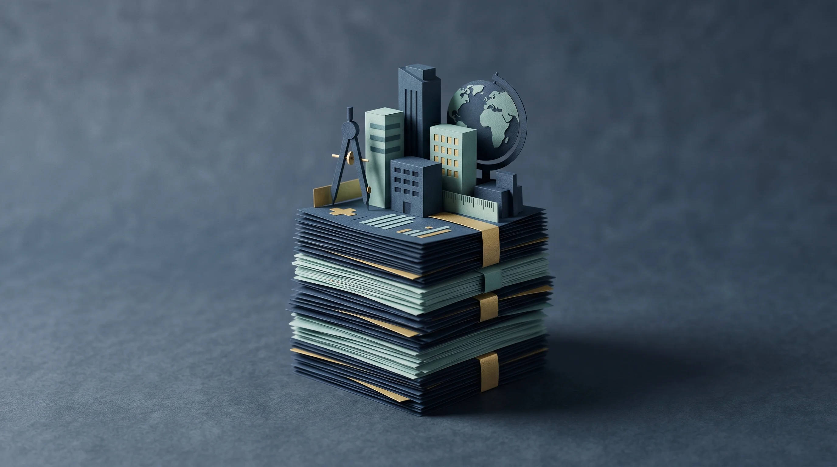Digital illustration for article section "Where the Money Goes" in "Hypha Raises $50M Seed for AI Asset Intelligence in Private Markets" - A clean, minimal 3D papercraft diorama representing capital investment flowing into advanced documen...