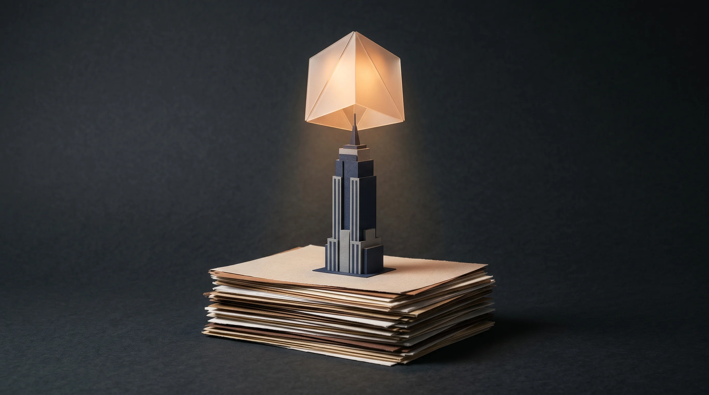 Digital illustration for article section "Timing and Competitive Context" in "Hypha Raises $50M Seed for AI Asset Intelligence in Private Markets" - A minimalist, conceptual 3D papercraft diorama representing commercial real estate and financial dec...