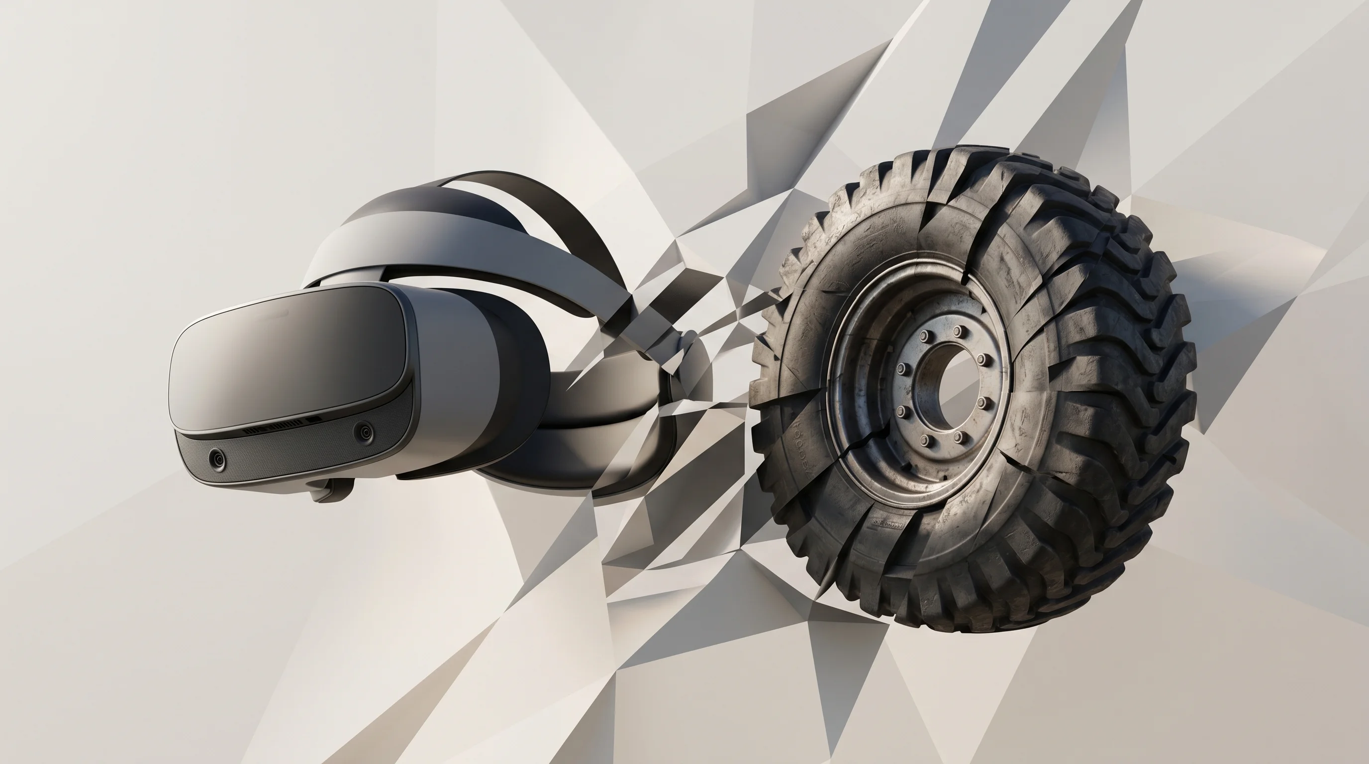 Digital illustration for article section "How It Actually Works" in "Skillmaker Raises $4.5M Seed for AI-Powered Workforce Training" - A sleek, modern VR headset suspended in mid-air alongside a heavy, detailed mechanical tire, represe...