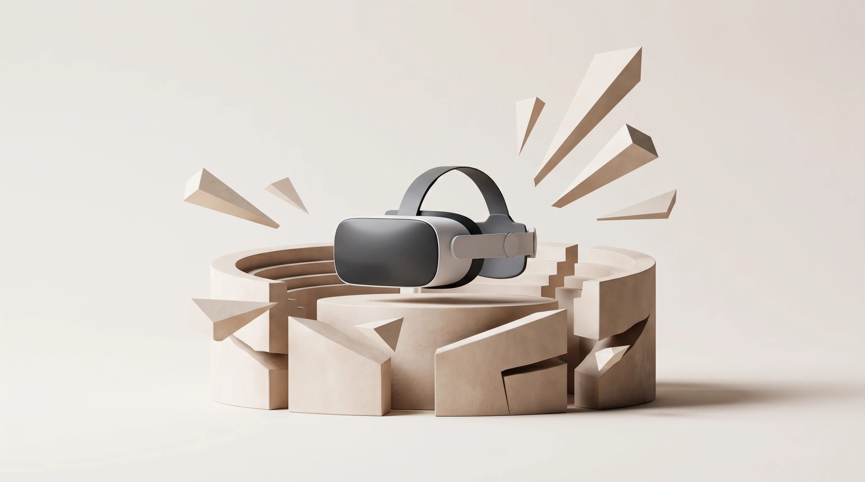 Digital illustration for article section "A Crowded, Fragmented Arena" in "Skillmaker Raises $4.5M Seed for AI-Powered Workforce Training" - A minimalist, conceptual visualization of a sprawling, competitive AR/VR corporate training market, ...
