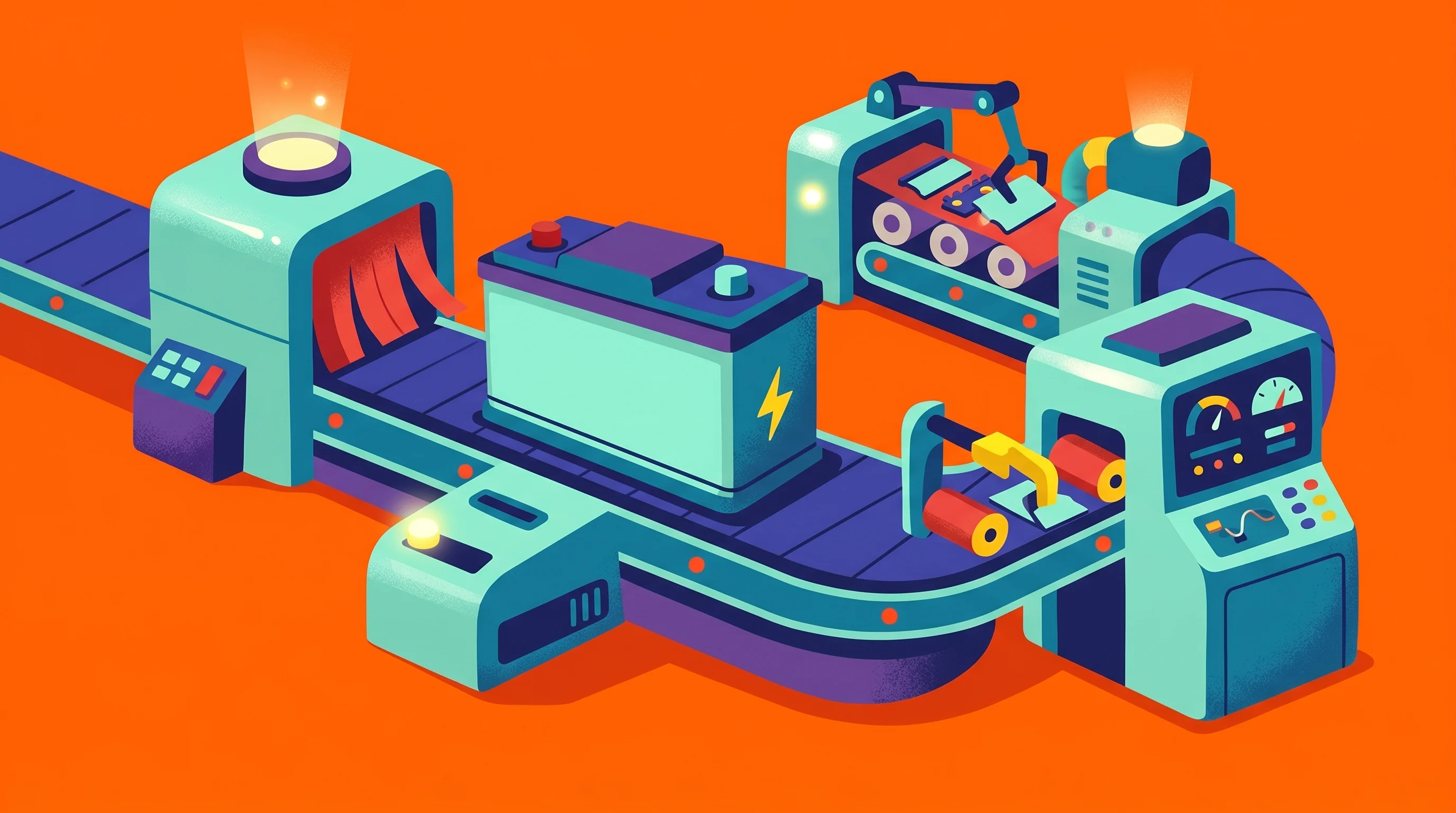 Digital illustration for article section "Testing Ground at Livium" in "Oscorp Energy Raises A$1.3M for AI-Powered Battery Sorting Tech" - A dynamic, conceptual illustration of a modern industrial battery module undergoing a streamlined re...