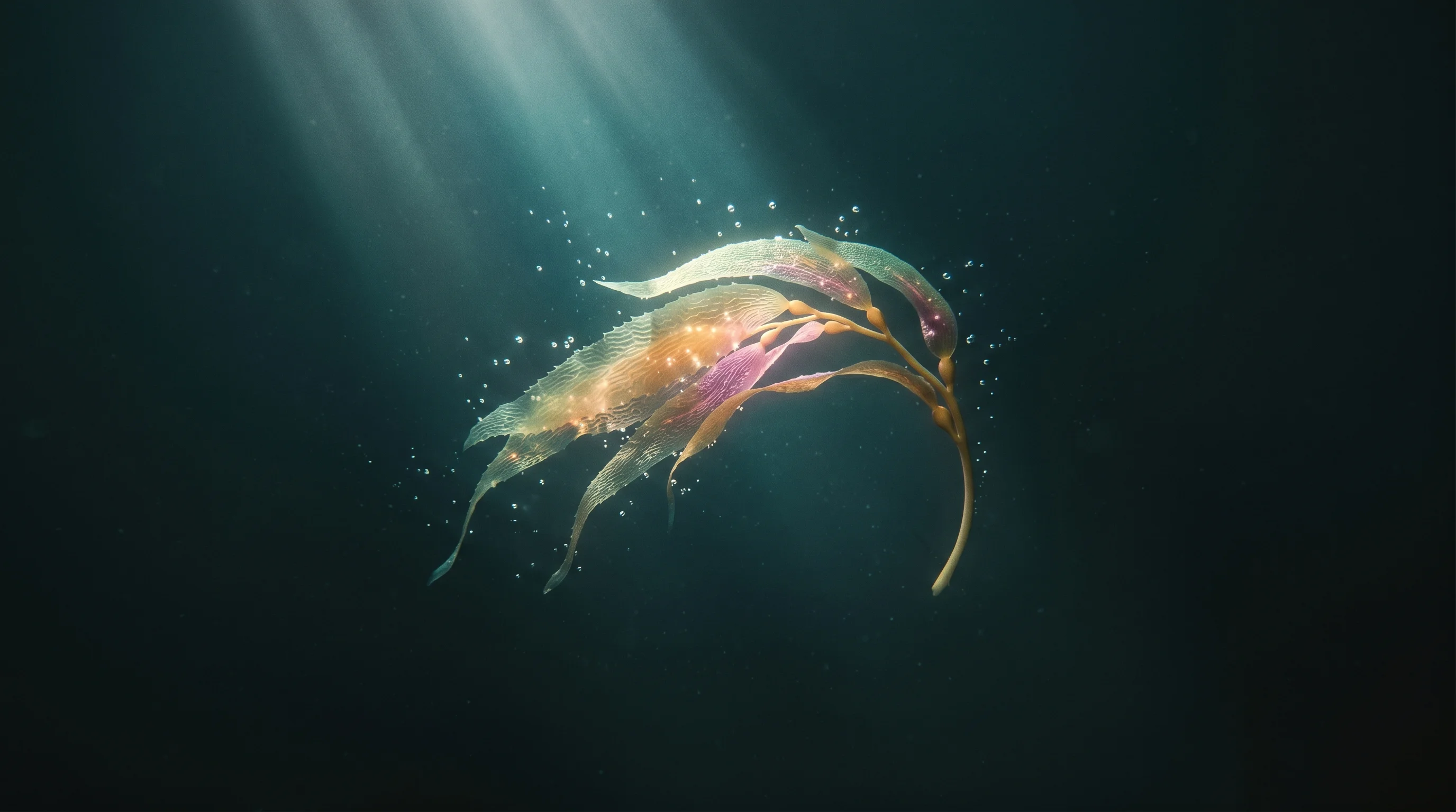 Digital illustration for article section "The seaweed science" in "CarbonDrop Raises $19.6M Series A for Seaweed Carbon Capture" - A minimalist, surreal cinematic visualization of macroalgae engineering, featuring a single, elegant...