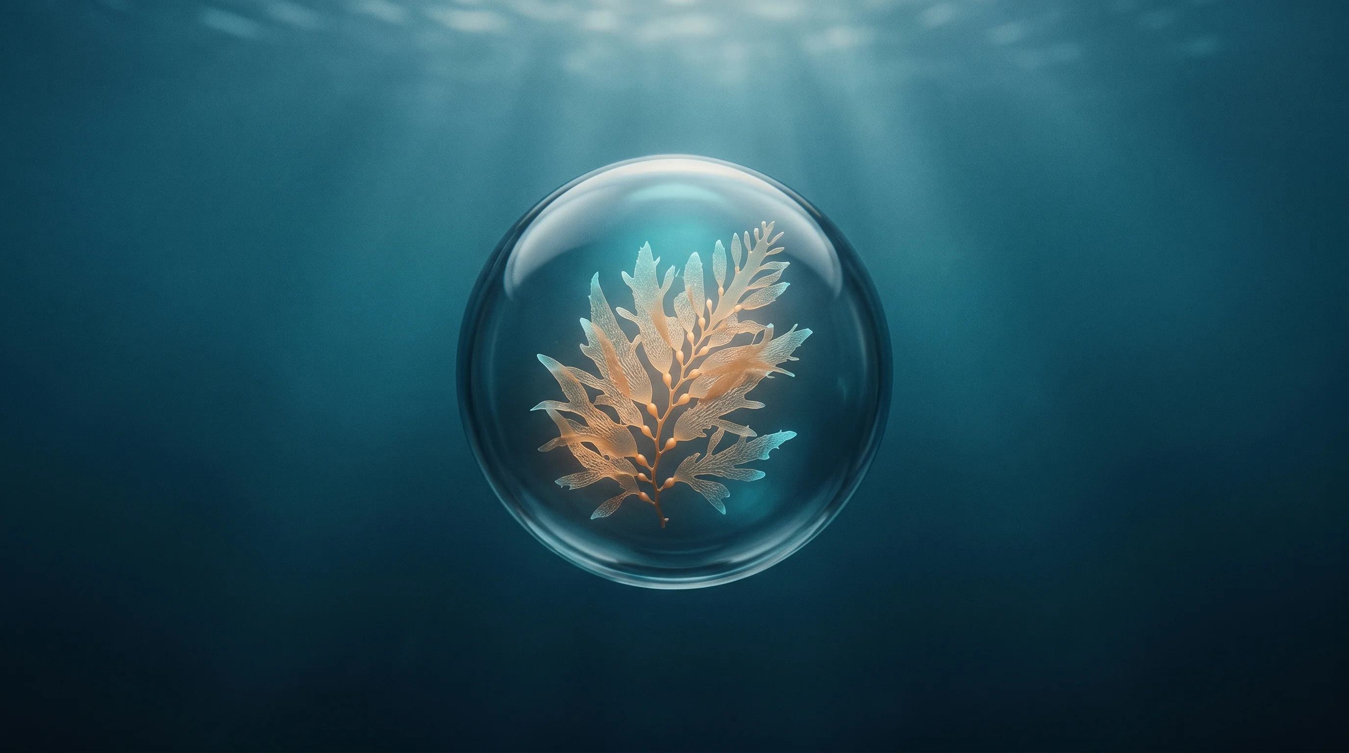 Digital illustration for article section "A crowded, complicated field" in "CarbonDrop Raises $19.6M Series A for Seaweed Carbon Capture" - A single, exquisitely detailed frond of macroalgae suspended inside a minimalist, transparent glass ...