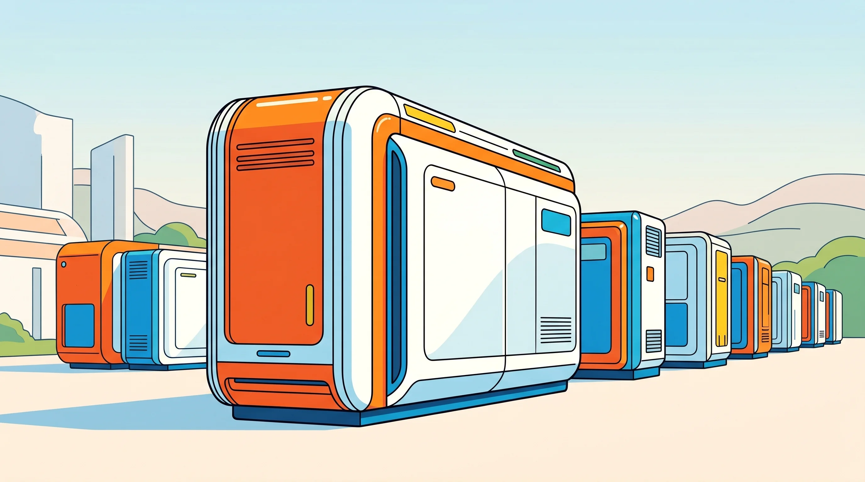 Digital illustration for article section "A Crowded Field, Finally" in "Petra Power's Fuel Cell Tech Targets 90% Emissions Cut" - A conceptual and minimal illustration of a sleek, modern industrial energy module representing a sol...
