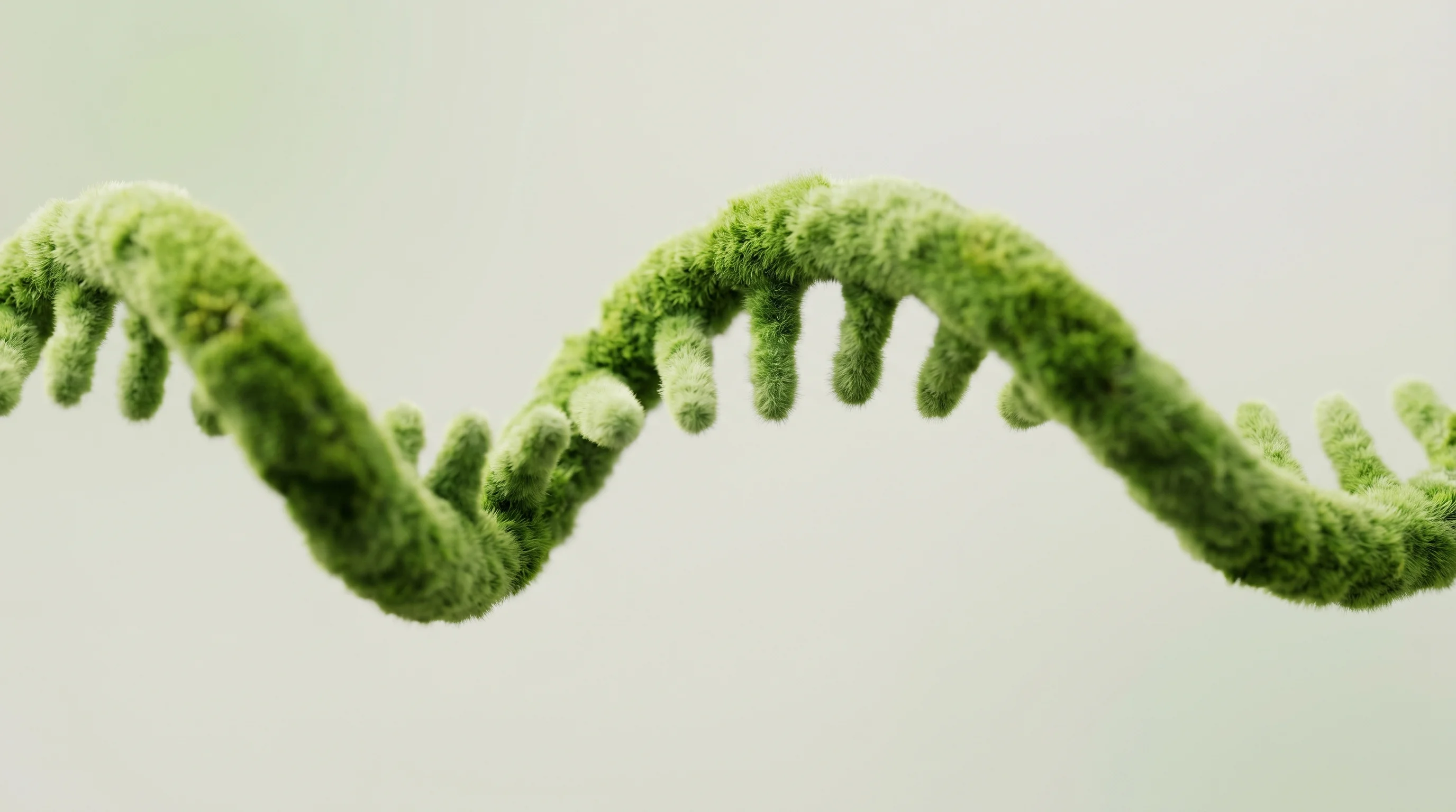 Digital illustration for article section "The Programmable Therapeutics Rush" in "FinalDose's DNA-Targeting Drug Aims to Unlock 'Undruggable' Cancers" - A conceptual, macro-photography view of a single, elegantly curving biological strand representing p...