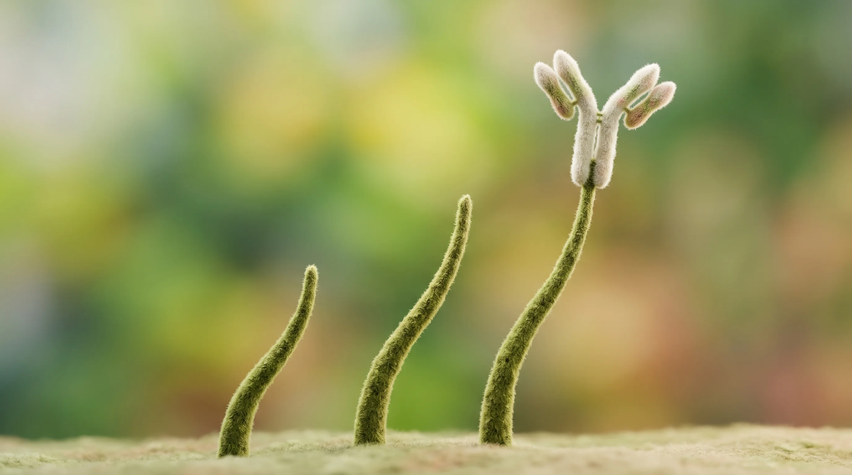 Digital illustration for article section "Market Winds (Blowing in the Right Direction)" in "FinalDose's DNA-Targeting Drug Aims to Unlock 'Undruggable' Cancers" - A clean, minimalist conceptual composition featuring three elegant, upward-reaching organic stalks o...