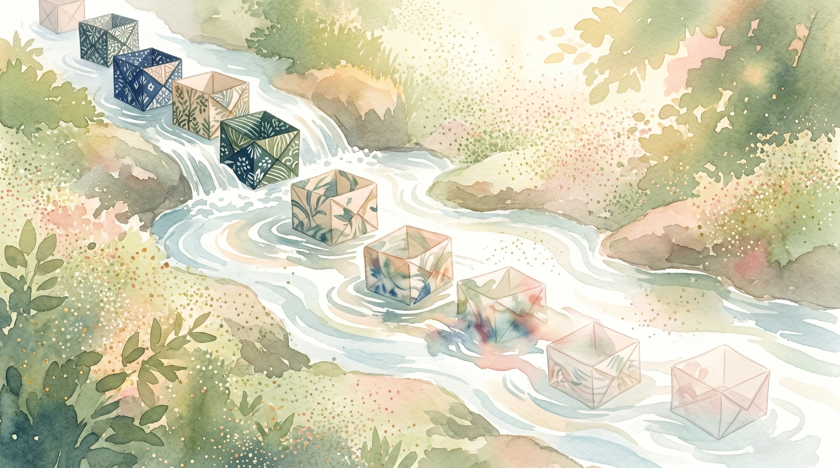 Digital illustration for article section "A Pattern Bigger Than One Startup" in "The $29B Transparency Problem: Cursor, Chinese AI, and Disclosure" - A serene, conceptual depiction of a gentle, meandering stream carrying a sequence of delicate, trans...
