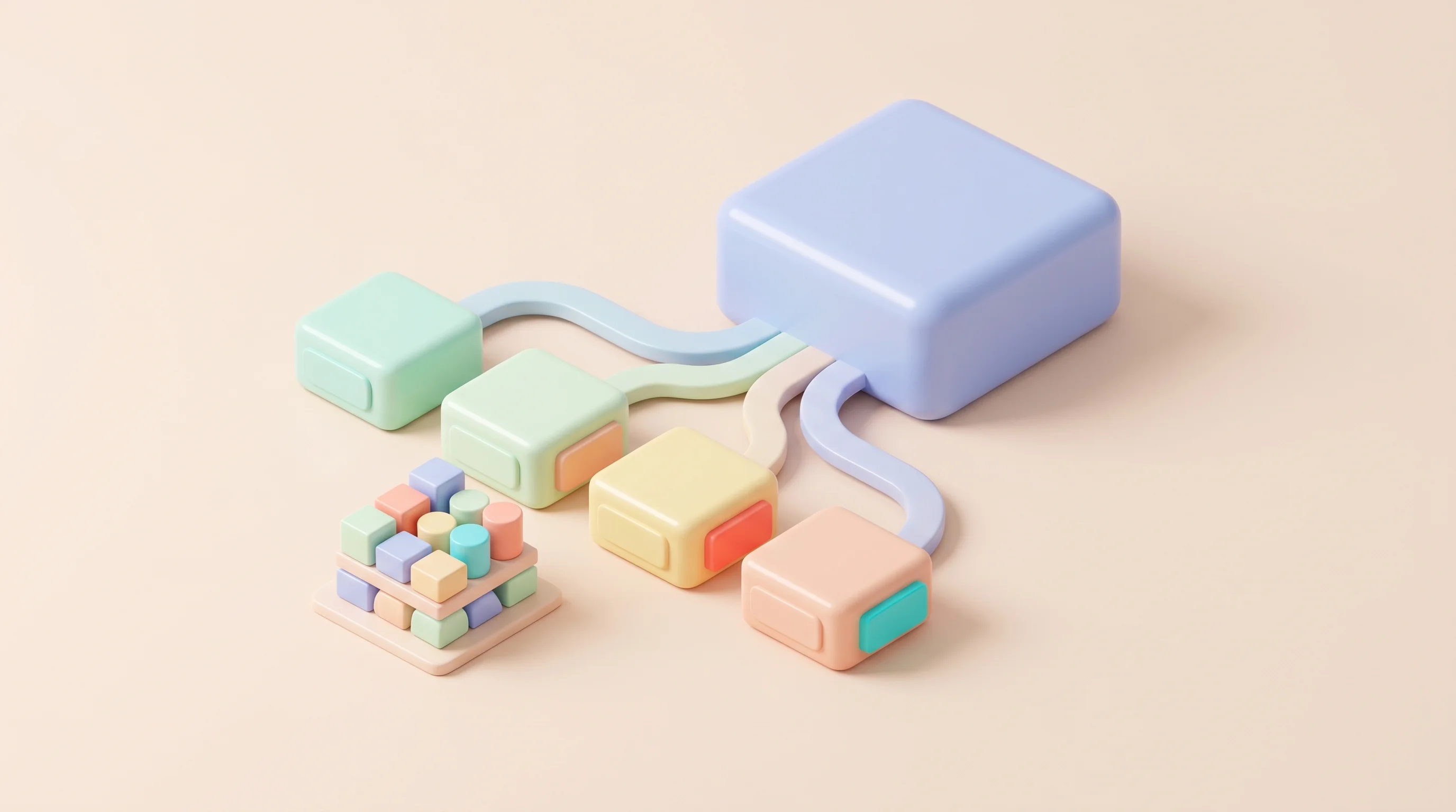 Digital illustration for article section "Three Technical Shifts Converging" in "Aster's Autonomous Research Lab Orchestrates Thousands of AI Agents" - A minimalist, 3D cartoon miniature model illustrating hierarchical orchestration, featuring a large,...