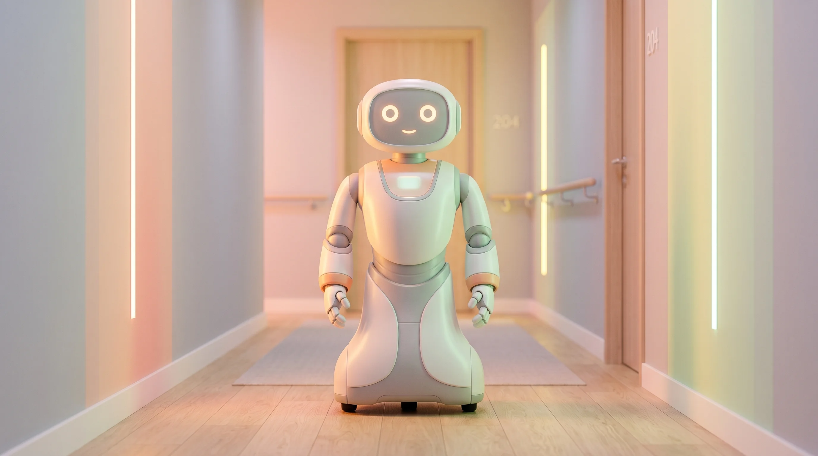 Digital illustration for article section "Enter the Robots" in "The Rise of Socially Intelligent Robots in Elder Care Facilities" - A friendly, minimalist semi-humanoid robot designed for senior care, standing peacefully in a quiet,...