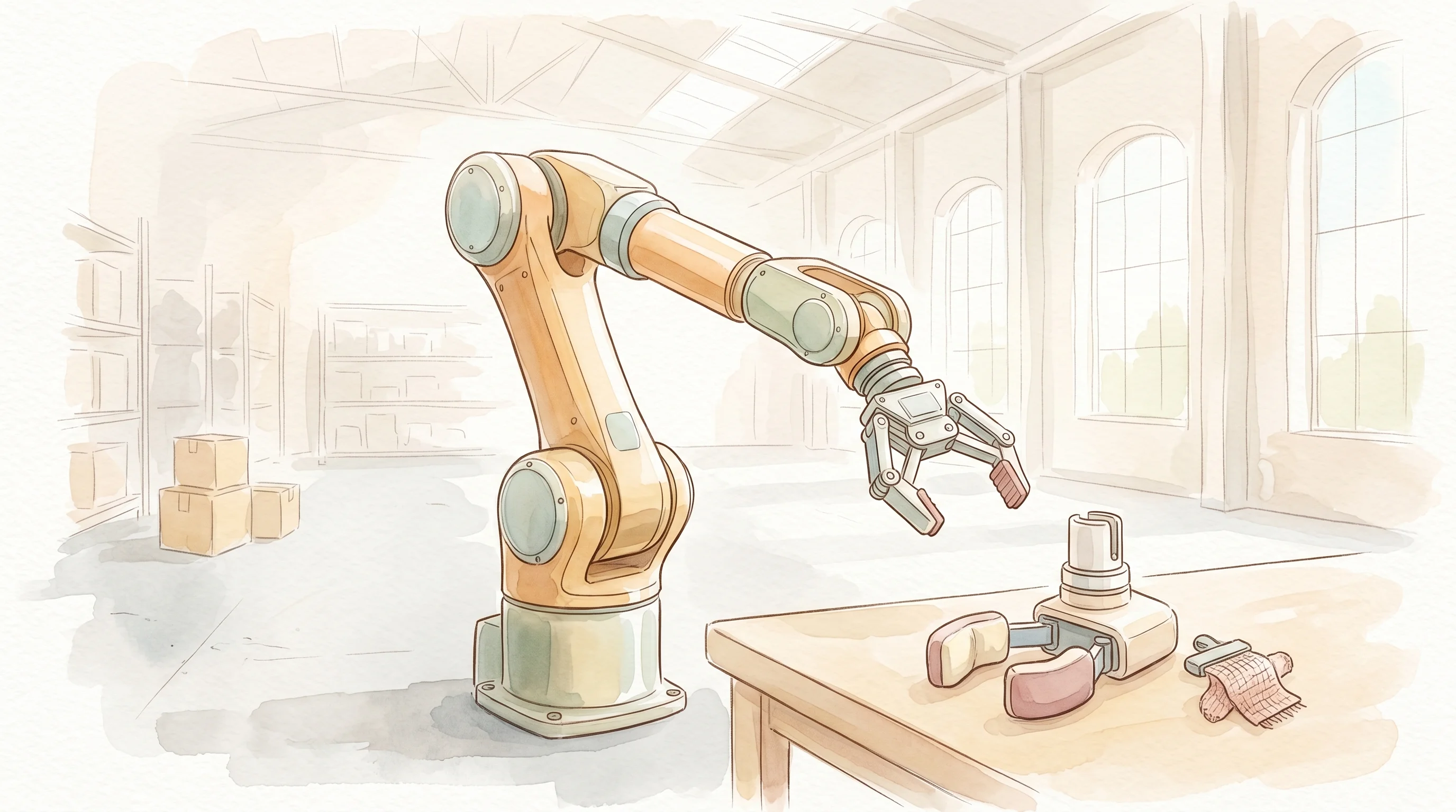 Digital illustration for article section "What They're Actually Building" in "Theker Lands $85M Series A, Europe's Largest Robotics Round" - A minimalist, contemporary conceptual illustration of a sleek, modular industrial robotic arm in an ...