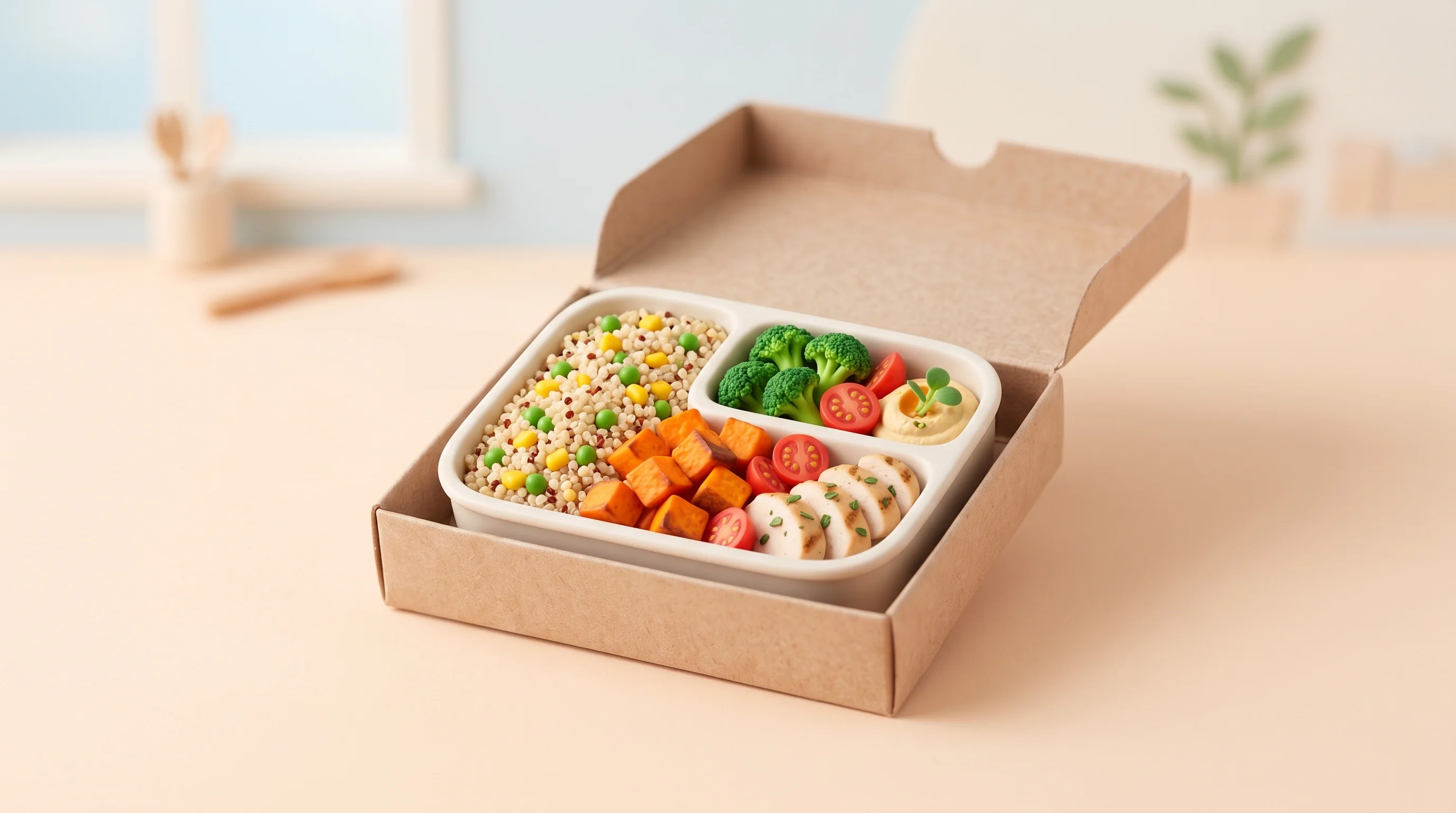 Digital illustration for article section "Local competition and the infrastructure gap" in "CALO Launches Meal Subscriptions in Oman After Waitlist Surge" - A clean, minimal composition featuring a sleek, portion-controlled meal prep container filled with v...