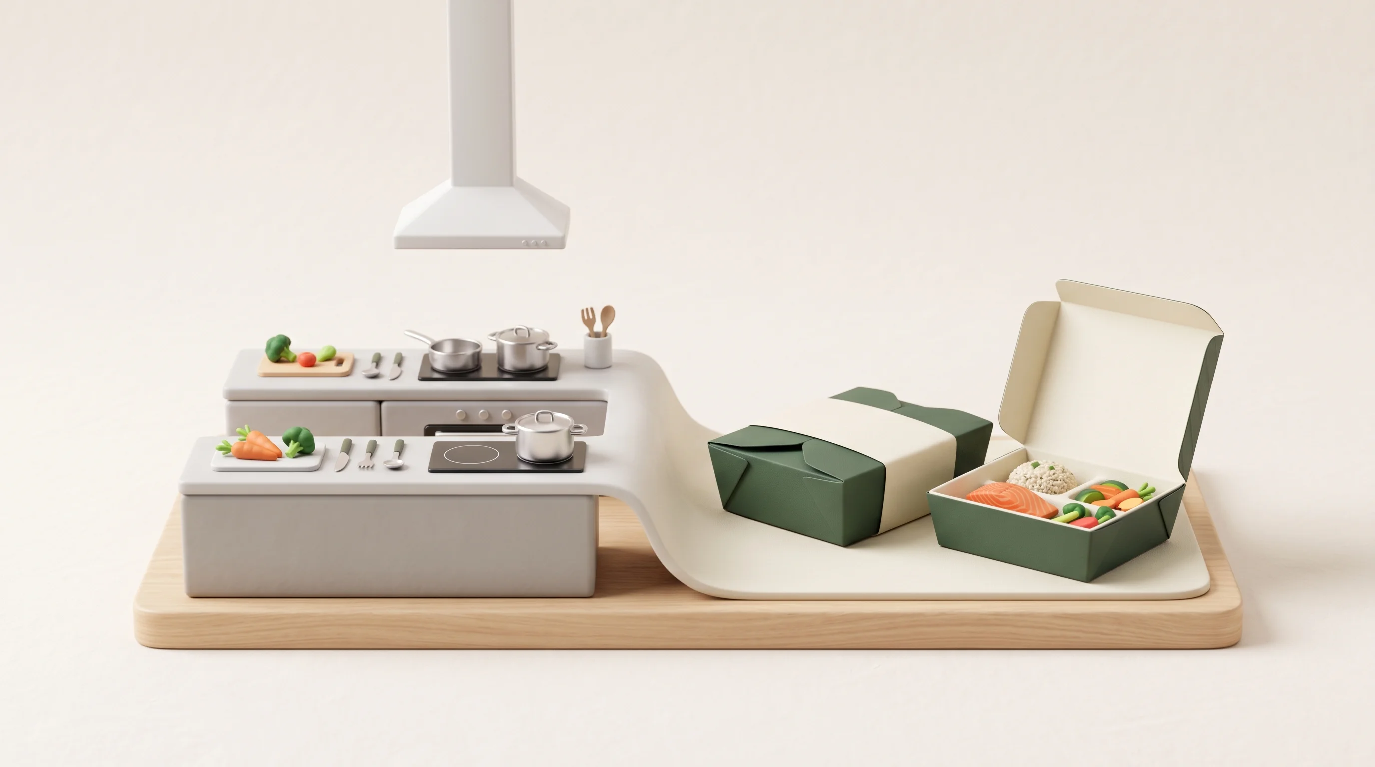 Digital illustration for article section "The bigger picture" in "CALO Launches Meal Subscriptions in Oman After Waitlist Surge" - A conceptual, miniature 3D diorama of a sleek, modern cloud kitchen seamlessly transitioning into a ...