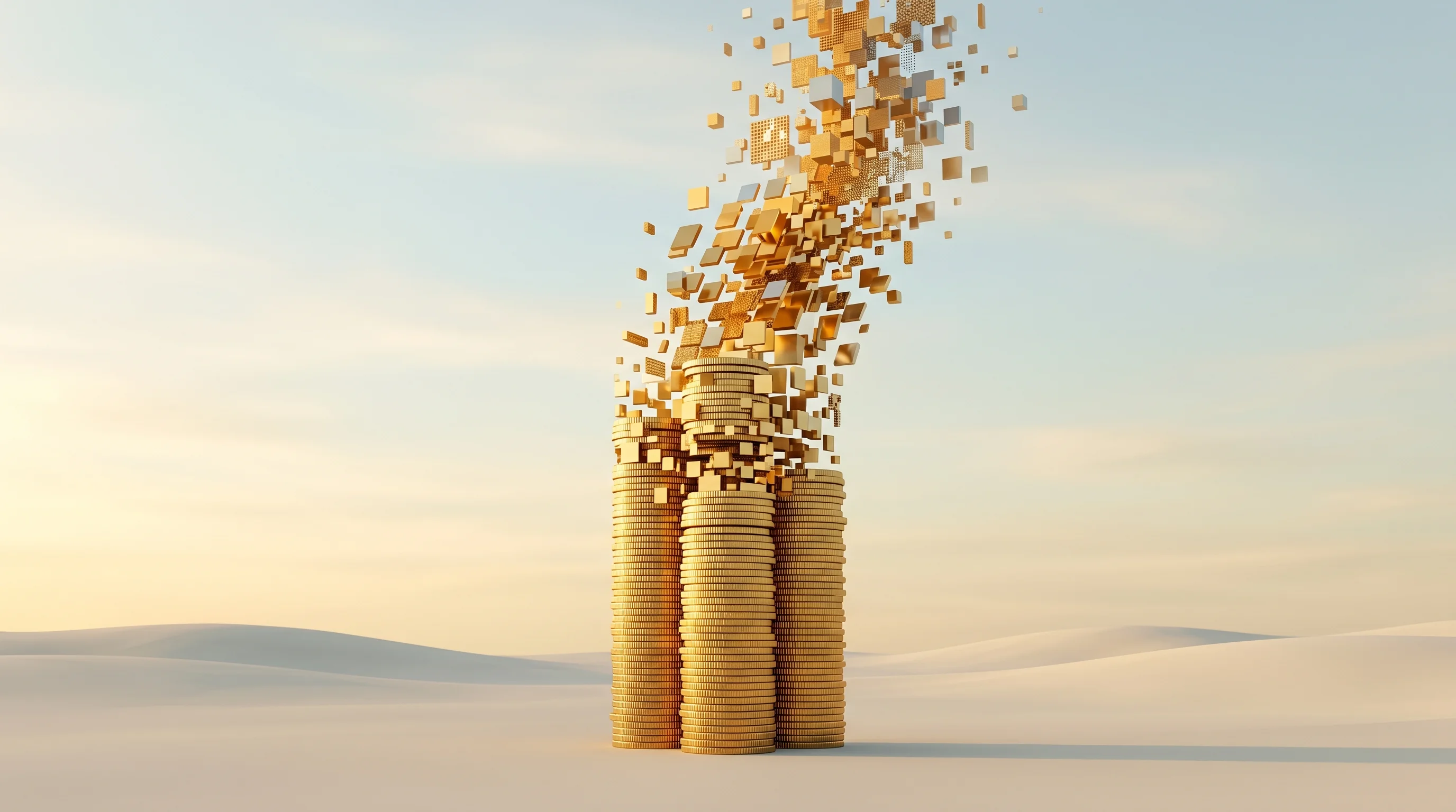 Digital illustration for article section "Competing in a Billion-Dollar Frenzy" in "Datadog Veterans Raise $7M to Solve AI Model Lock-In Crisis" - A towering, abstract monument of perfectly stacked golden coins rises dramatically in the center of ...