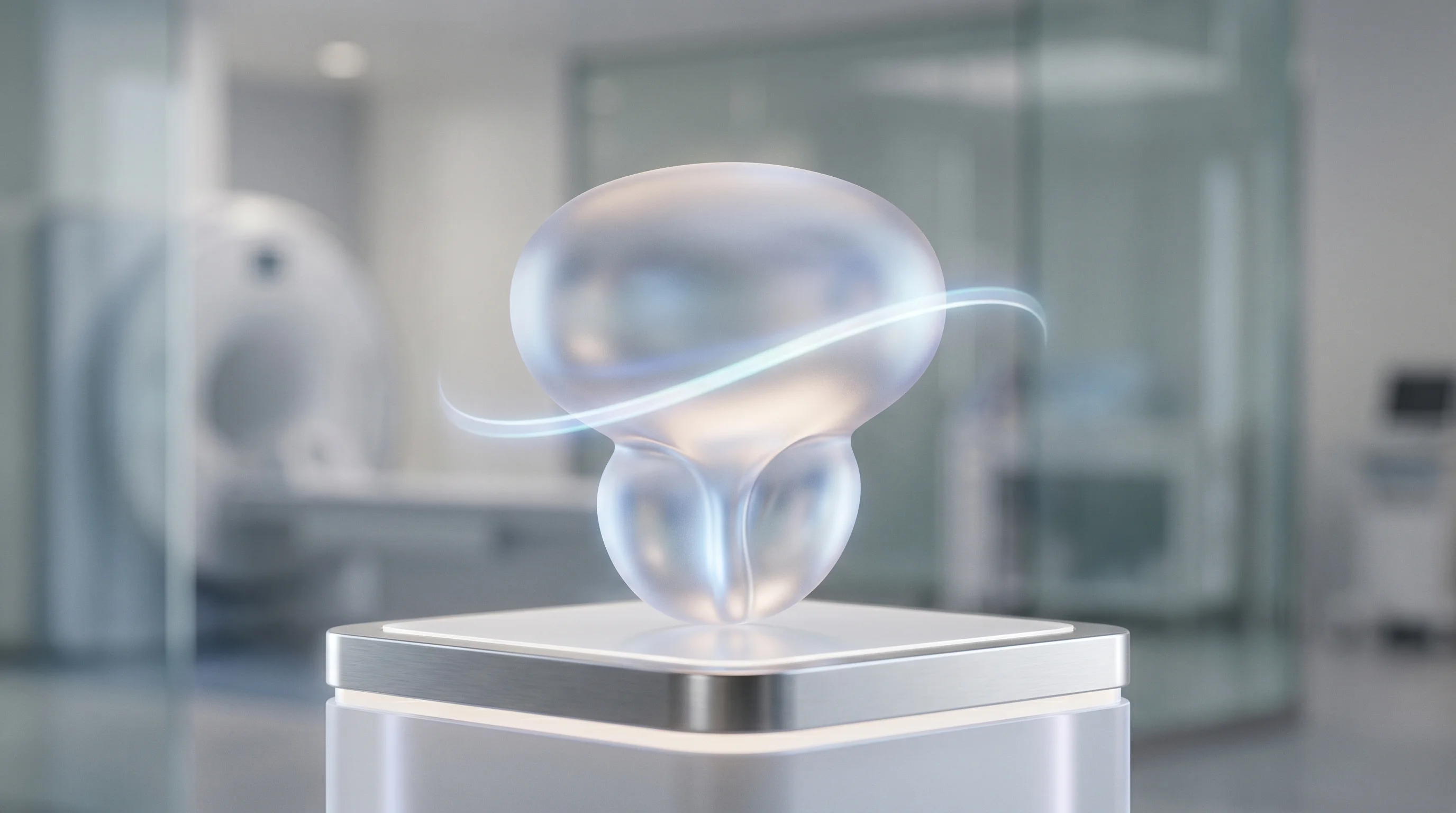 Digital illustration for article section "Targeting the Prostate Market" in "Mobile MRI Startup Aims to Democratize Early Cancer Screening" - A sleek, minimalist conceptual representation of a pre-biopsy prostate MRI, featuring a single, eleg...