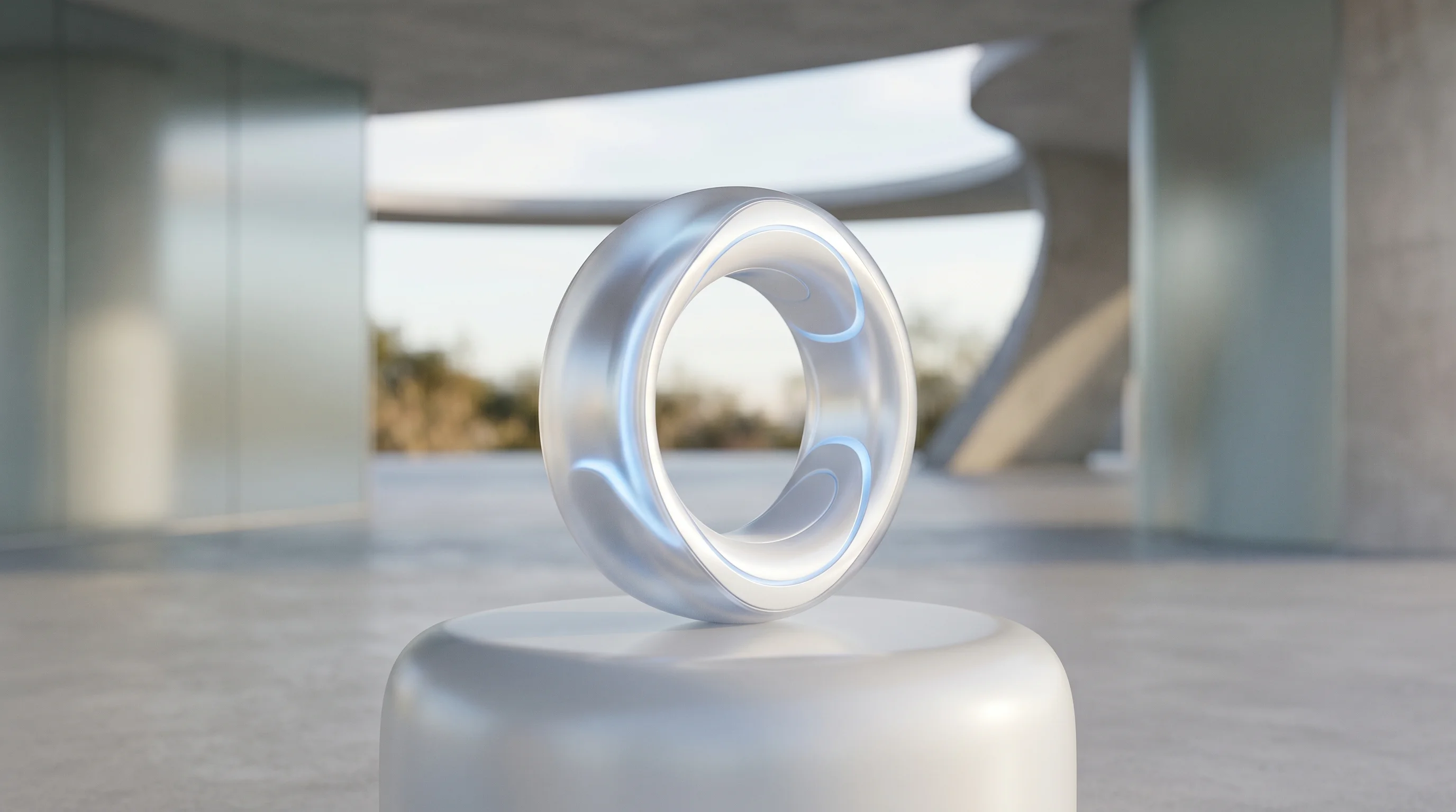 Digital illustration for article section "What Actually Happens Next" in "Mobile MRI Startup Aims to Democratize Early Cancer Screening" - A minimalist, futuristic medical scanning ring resting in an abstract, clean transitional space that...