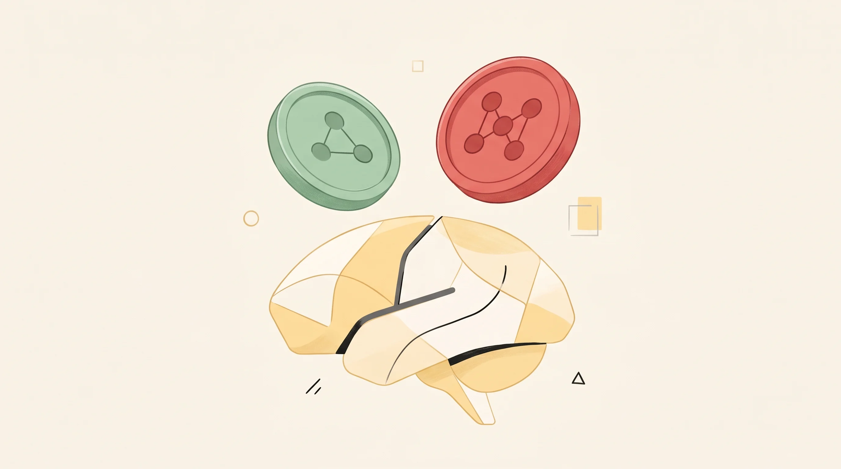 Digital illustration for article section "A Company Made of Tokens" in "Unverified: OrionX Robotics Partnership Claim Raises Red Flags" - A minimalist illustration featuring two sleek, simplified digital tokens representing the ORION and ...