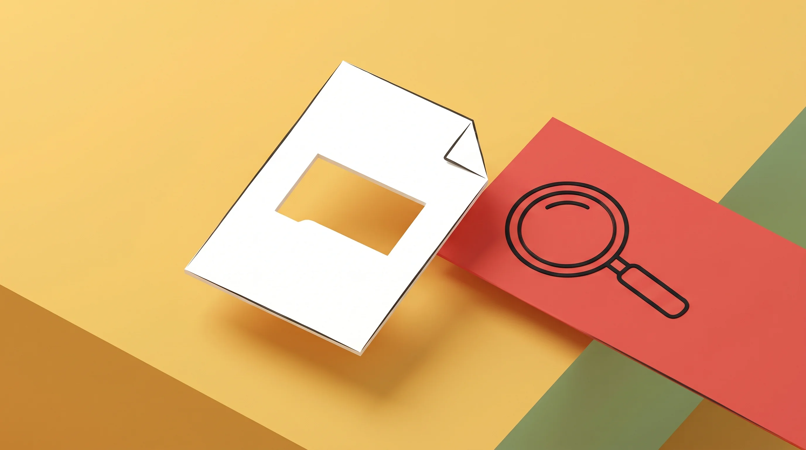 Digital illustration for article section "The Gaps Speak Loudly" in "Unverified: OrionX Robotics Partnership Claim Raises Red Flags" - A minimalist illustration of a single, stark white document floating slightly above a solid, warm ye...