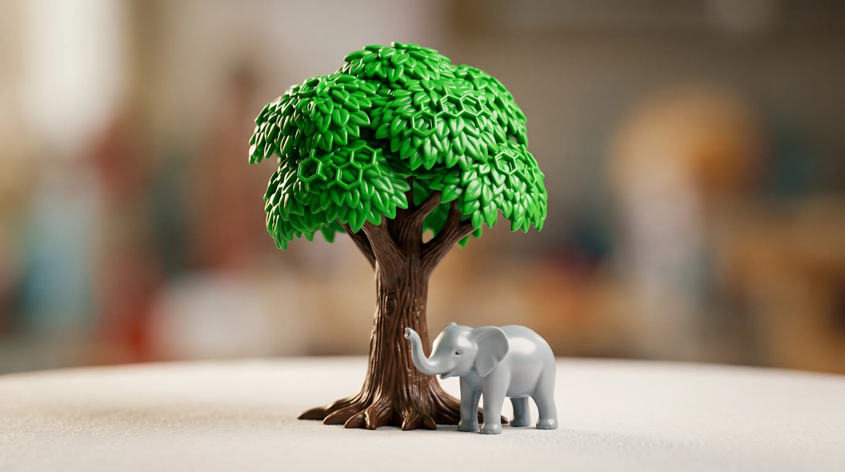 Digital illustration for article section "A Tree, an Elephant, and a Topoisomerase Inhibitor" in "Peel Therapeutics Closes Series A for Nature-Inspired Cancer Drugs" - A macro photography shot of a meticulously crafted miniature scene featuring a stylized plastic Chin...