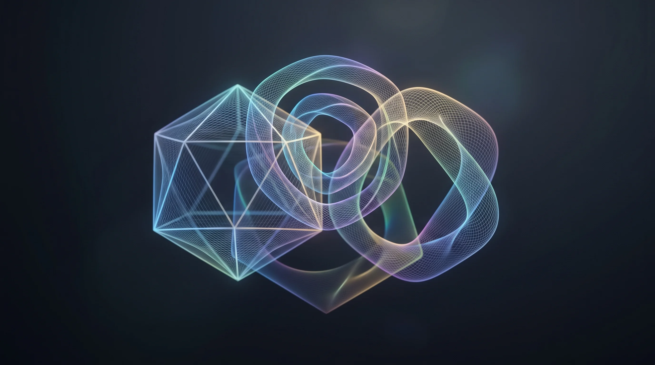 Digital illustration for article section "Three Products, or One Big Bet?" in "Pond Launches All-in-One Platform for Startup Funding and Growth" - A clean, minimal, and conceptual visualization of three interlocking geometric structures coming tog...