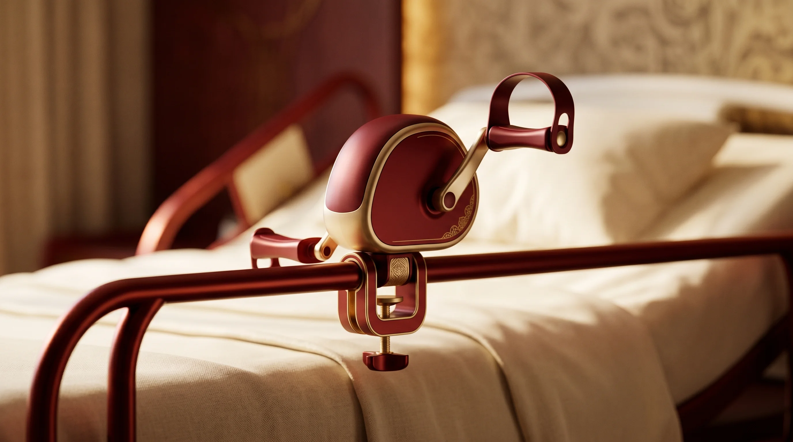 Digital illustration for article section "Hardware That Thinks" in "KinetiTec Raises $1M Pre-Seed to Combat Hospital Immobility Crisis" - A sleek, modern medical pedaling apparatus clamped effortlessly to a clean hospital bed rail, featur...
