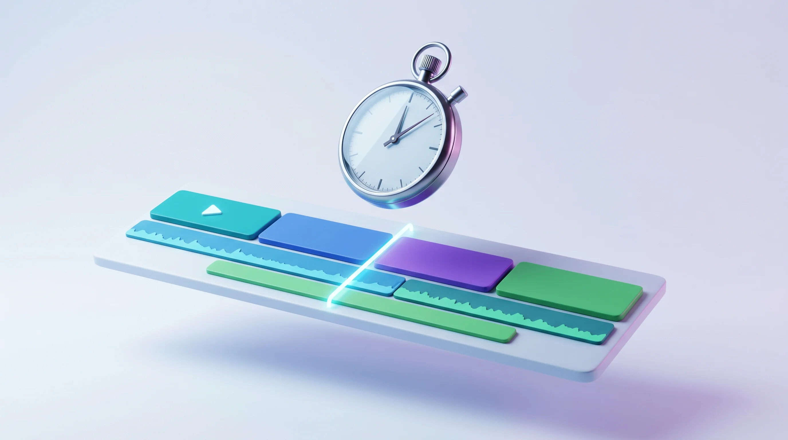Digital illustration for article section "The Real Test" in "EditorOP Launches AI Video Editor That Promises 3-Minute Turnaround" - A minimalist and conceptual hyperreal 3D render illustrating the speed and efficiency of modern vide...