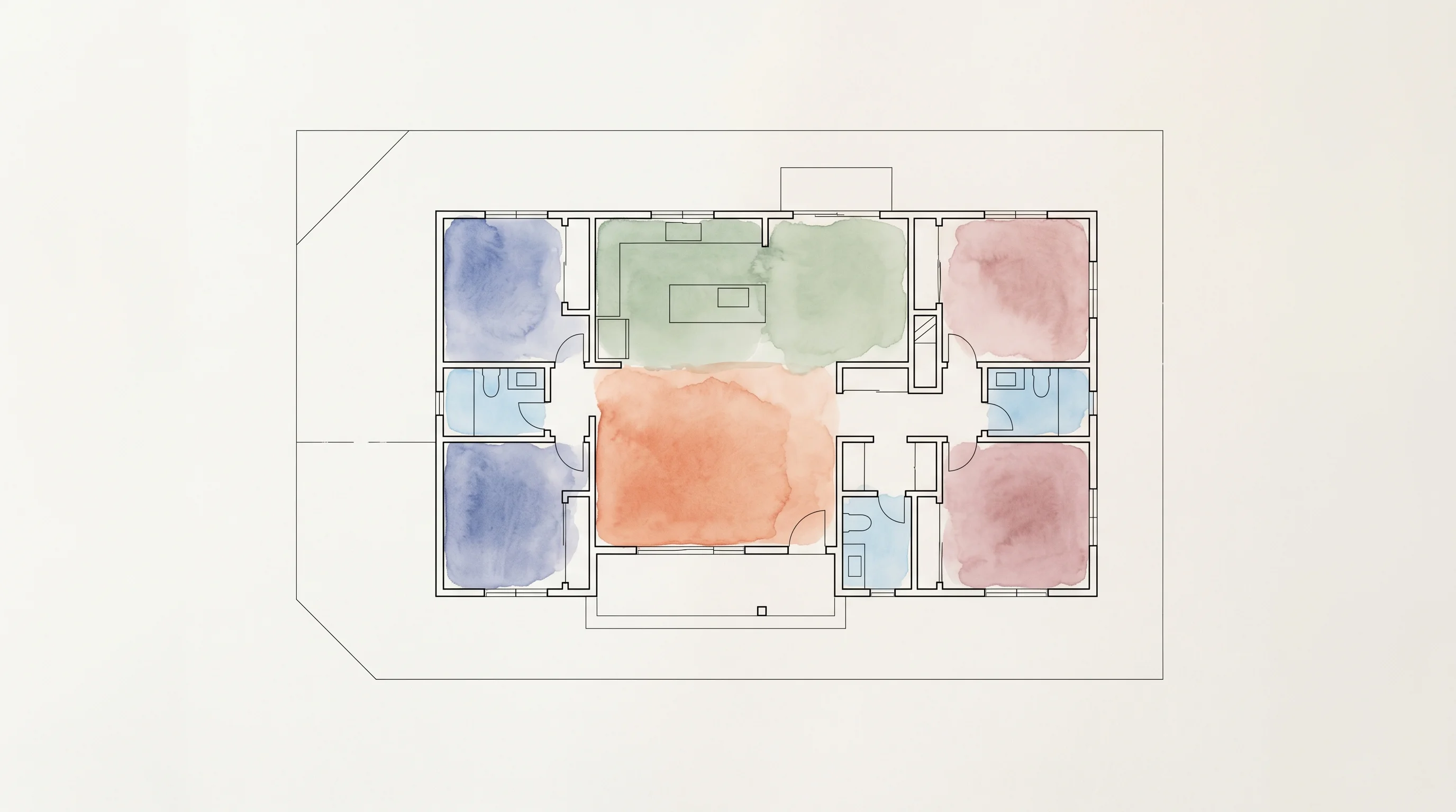 Digital illustration for article section "The 325,000-Design Question" in "Multimodal AI Comes to Home Design as Drafted Closes $16M Seed" - A minimalist, top-down view of an architectural floor plan taking shape on a pristine, uncluttered s...