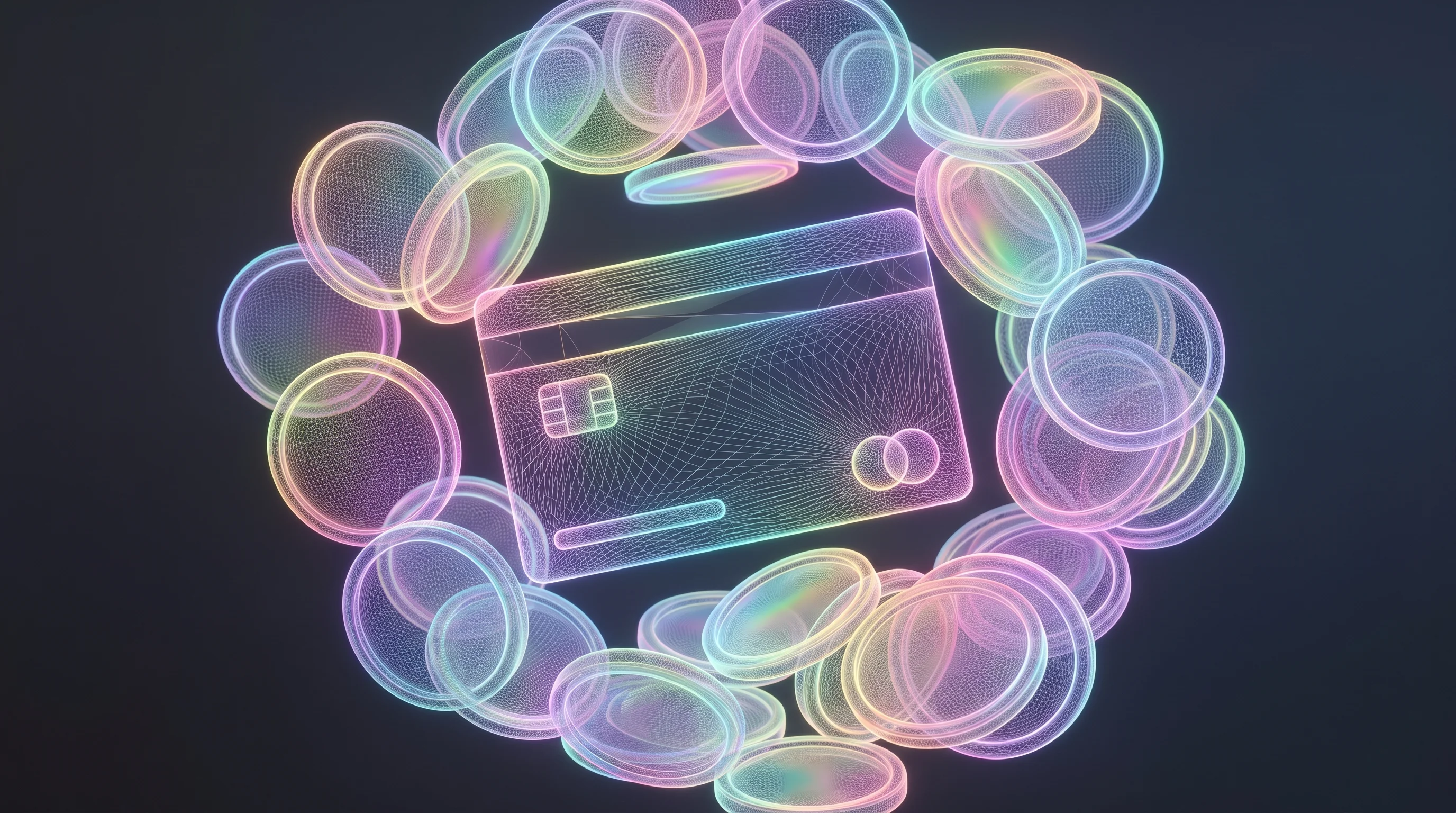 Digital illustration for article section "A Crowded Moment" in "Altitude Launches Stablecoin Card for Business Spending and Travel" - A sleek, modern payment card floating in the center, surrounded by a dense, overlapping cluster of f...