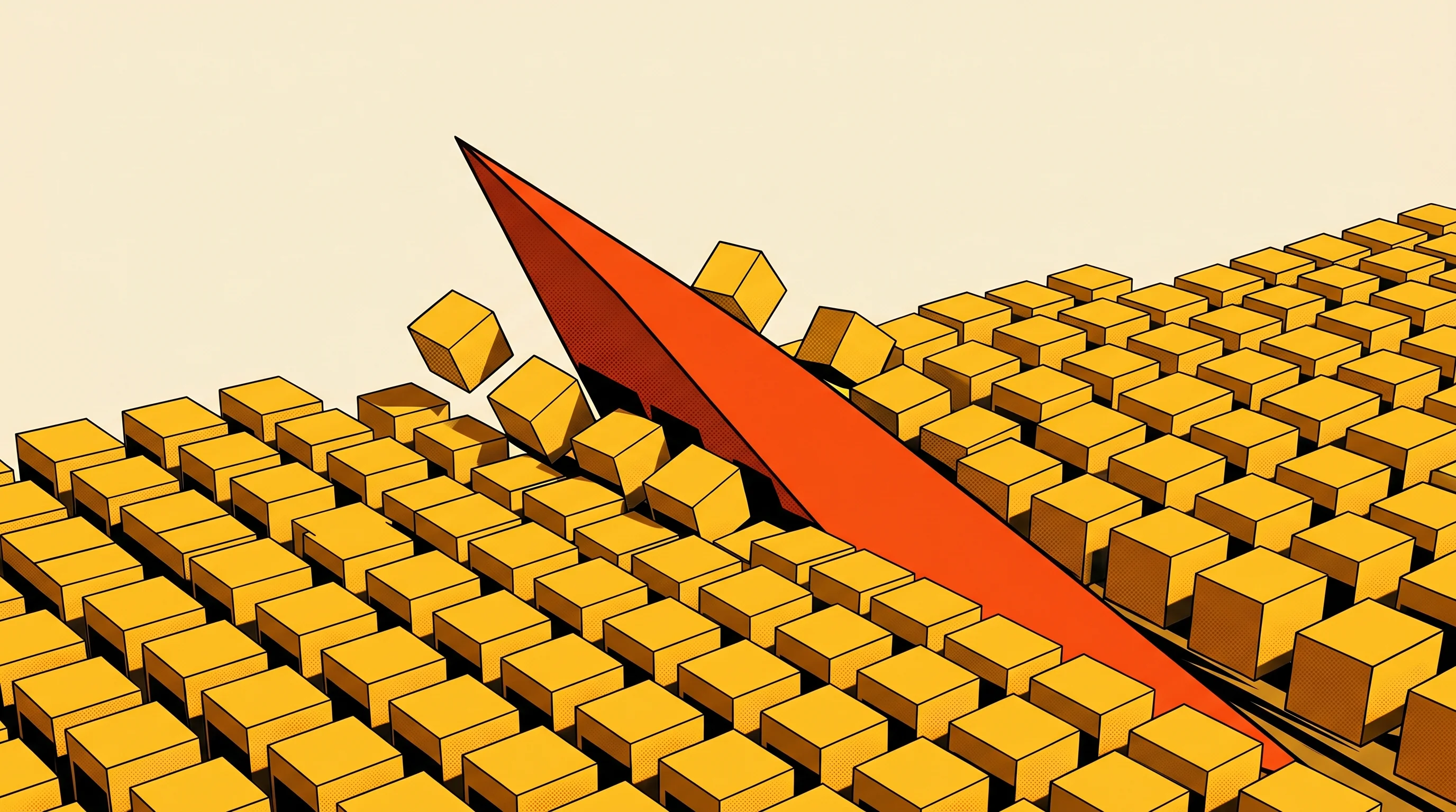 Digital illustration for article section "Crowded Space, Different Angle" in "Promake Raises $4M Seed to Build Chat-First Platform for SMBs" - A striking, conceptual illustration of a single, sleek, high-saturation red-orange geometric wedge s...