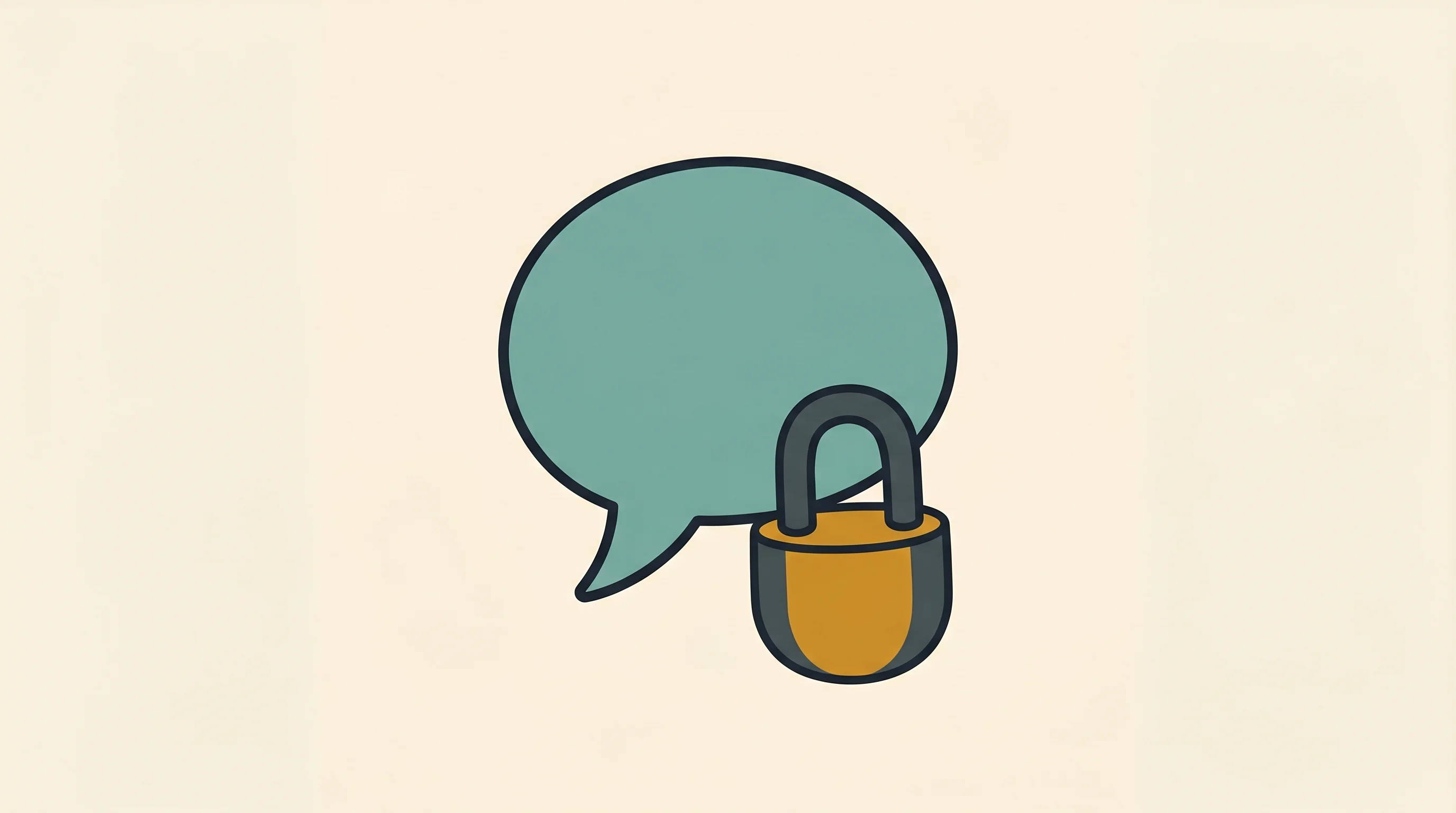 Digital illustration for article section "Privacy as a positioning strategy" in "Trace Launches Offline Mac App for Privacy-First Meeting Transcripts" - A minimalist, conceptual illustration of a simple speech bubble secured tightly with a sturdy padloc...