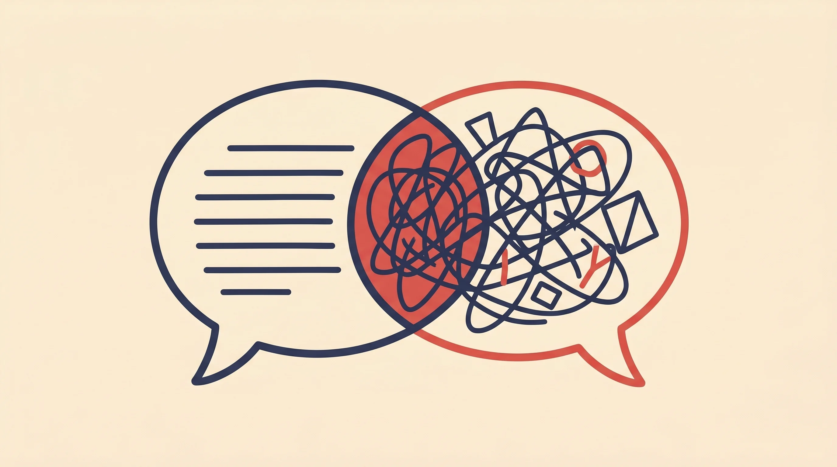 Digital illustration for article section "What it doesn't do (yet)" in "Trace Launches Offline Mac App for Privacy-First Meeting Transcripts" - A clean, minimal conceptual illustration representing communication barriers and language processing...