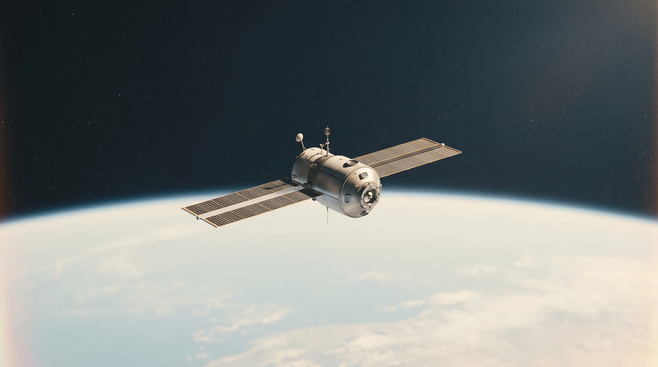 Digital illustration for article section "The ISS Endgame and What Replaces It" in "Space Manufacturing's Missing Link: The Race for Reusable Return Vehicles" - A clean, minimalist conceptual representation of a space station module orbiting high above Earth, s...