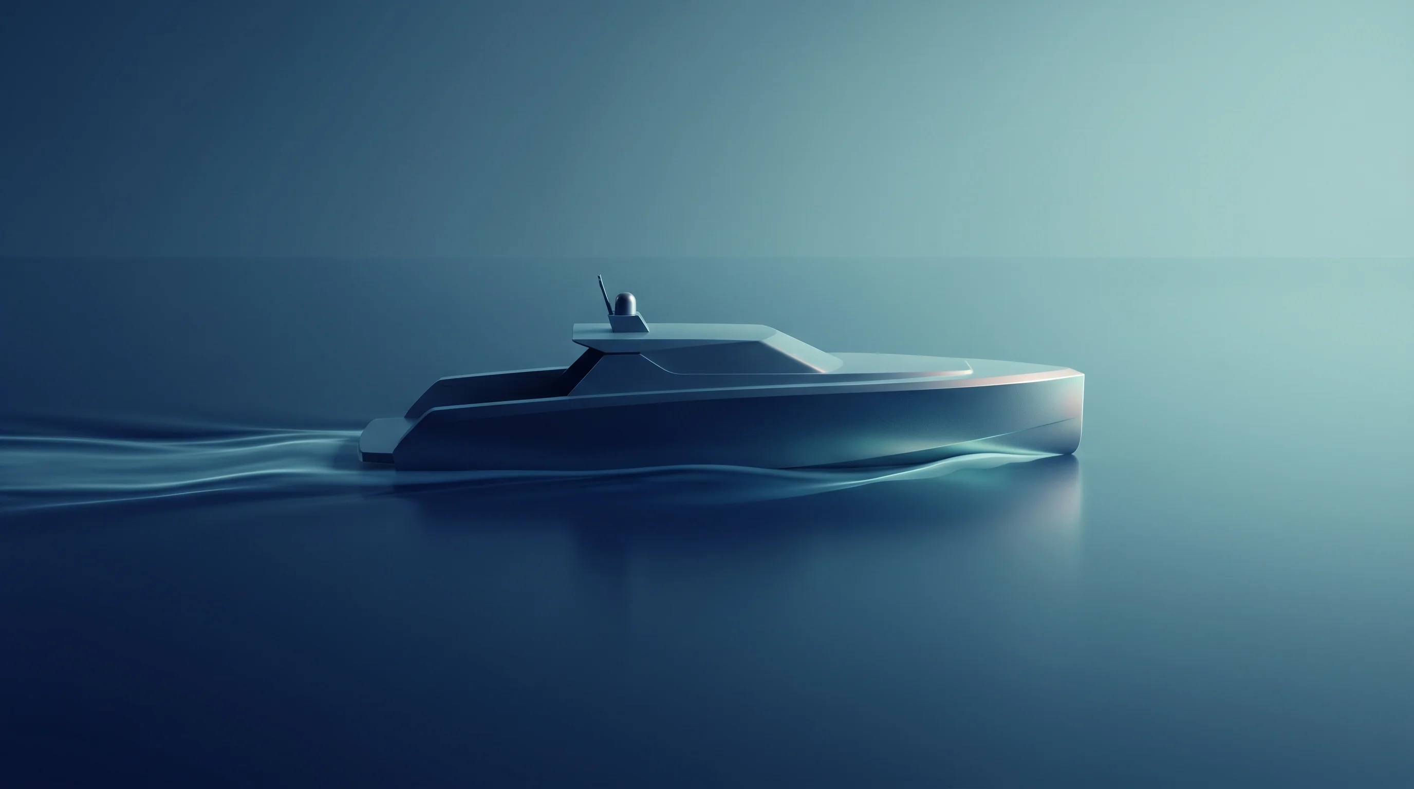 Digital illustration for article section "The Prime Contractor Playbook" in "Havoc Raises $100M Series A for All-Domain Military Autonomy" - A sleek, geometric medium unmanned surface vehicle gliding smoothly through calm, stylized waters, s...