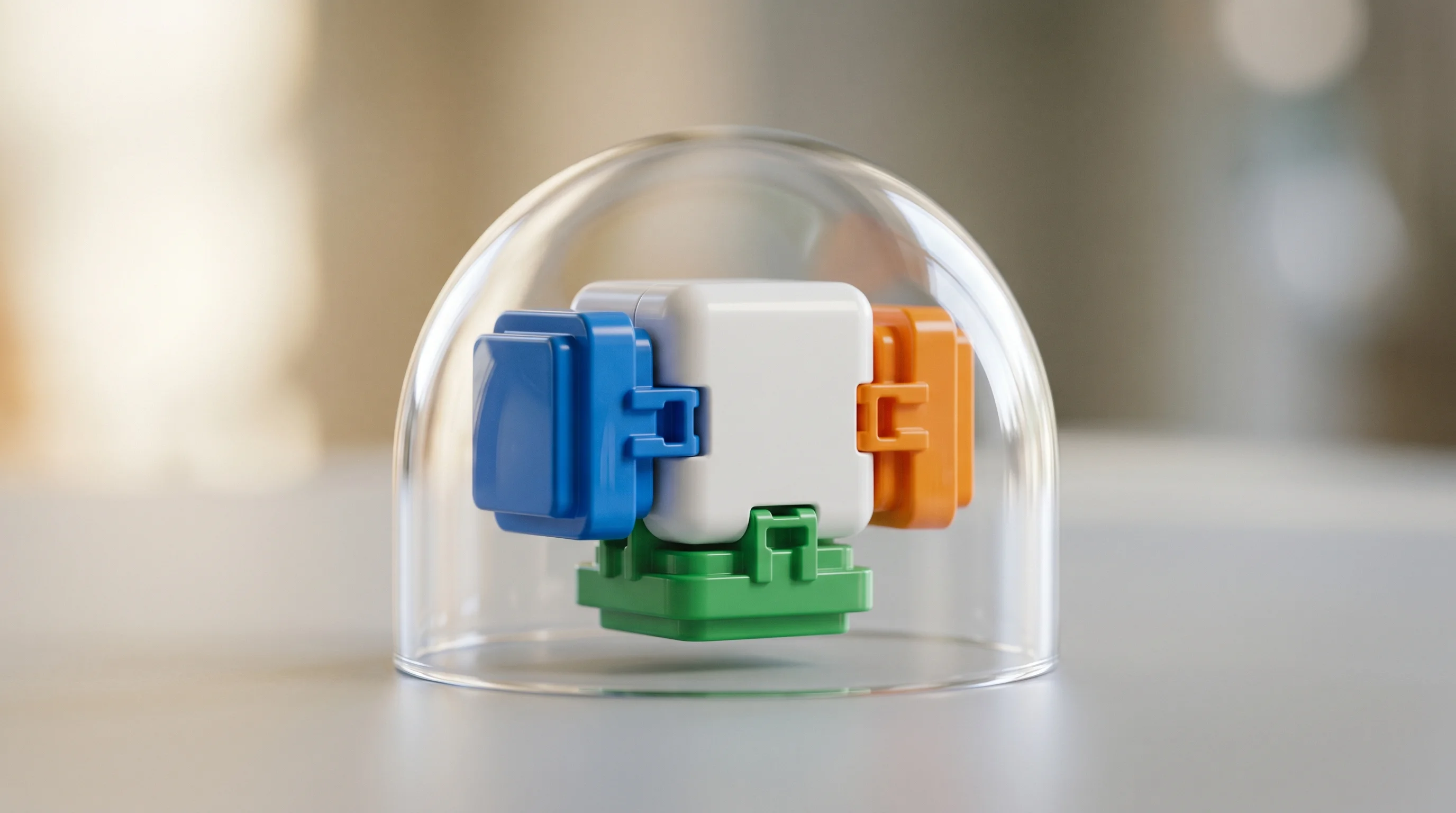 Digital illustration for article section "The Plugin Architecture (and Why WASM)" in "Paca Launches Open-Source Jira Alternative for Human-AI Teams" - A macro photography shot of clean, modular, interlocking plastic building blocks representing a mode...