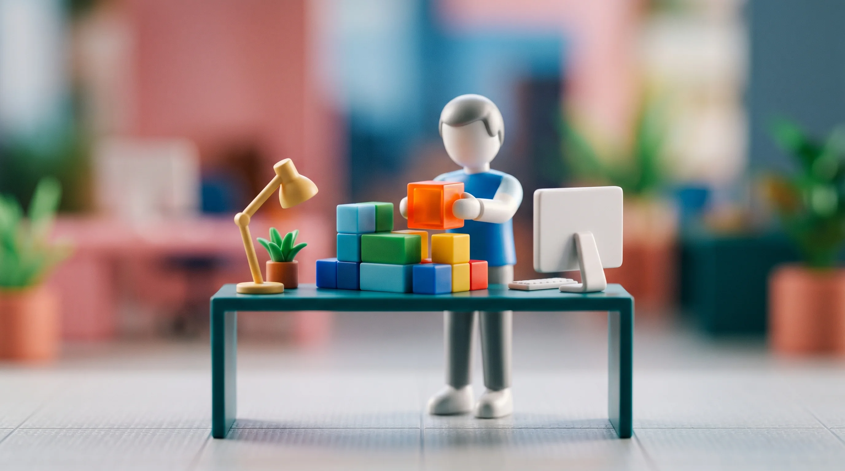 Digital illustration for article section "A Bet on the Future (or Present)" in "Paca Launches Open-Source Jira Alternative for Human-AI Teams" - A conceptual macro photography shot of a minimalist, modern workspace miniature crafted entirely fro...