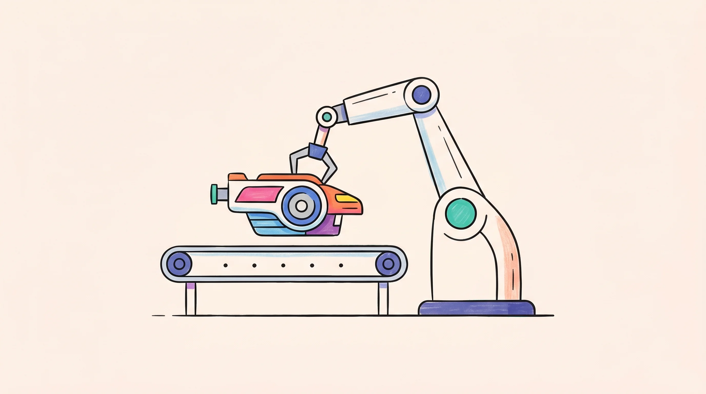 Digital illustration for article section "From Lab to Line" in "Vision Lab Raises $6M to Build Factory Data Layer for AI Robots" - A clean, minimal, and conceptual illustration of a sleek robotic arm seamlessly transferring a styli...
