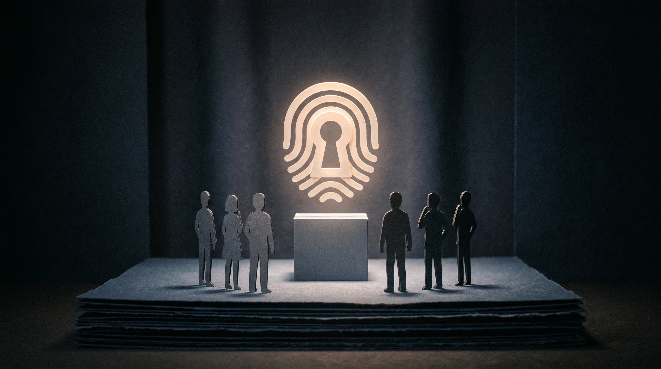 Digital illustration for article section "Content Section 5" in "NewCore Raises $66M Seed to Manage AI Agent Identities at Scale" - A conceptual miniature diorama depicting a presentation at a security conference, featuring a clean,...