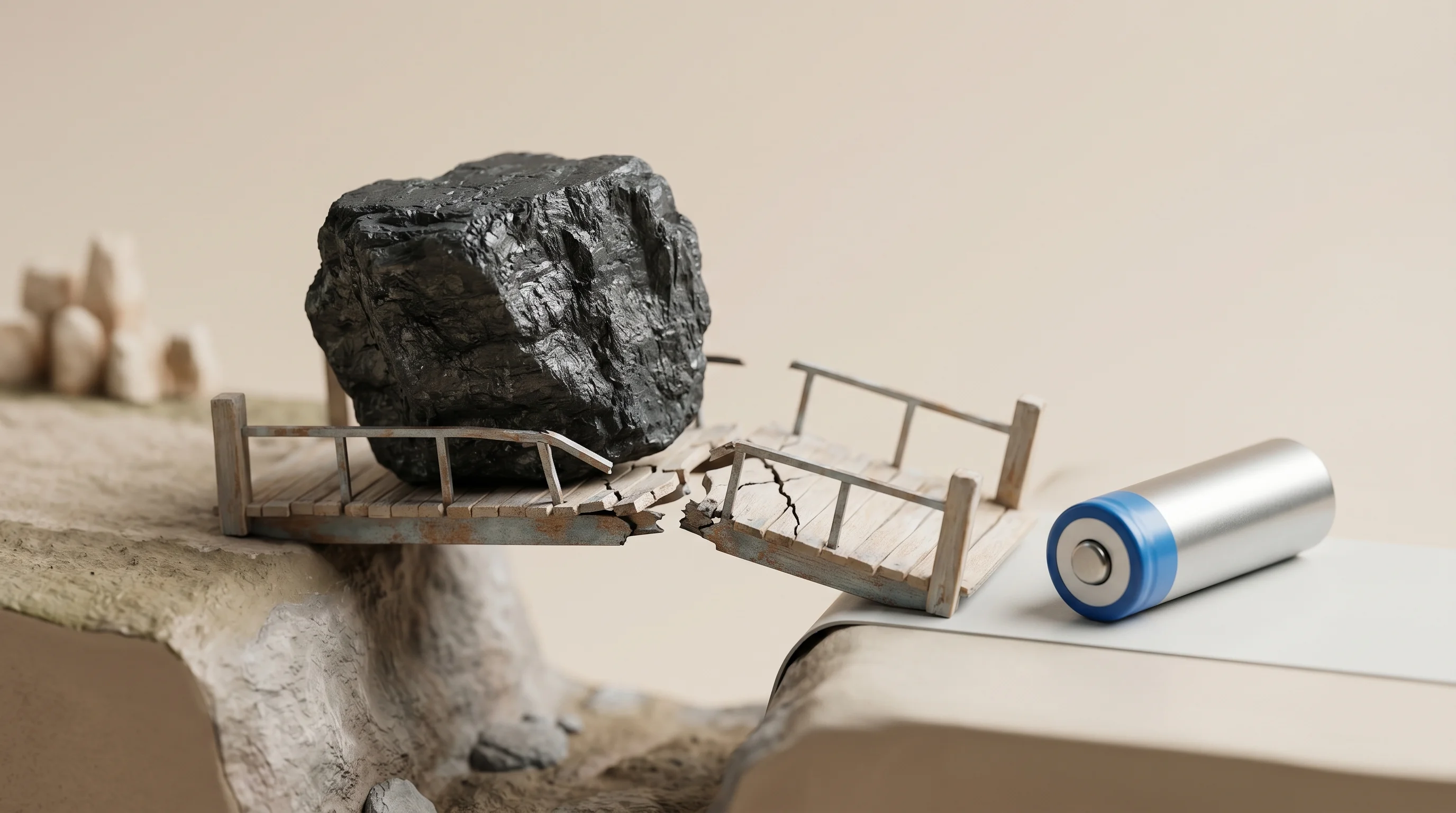 Digital illustration for article section "The Graphite Problem No One Can Ignore" in "AmpliSi Raises £2M to Scale Silicon Battery Anodes for EVs" - A conceptual, miniature 3D diorama representing a fragile battery supply chain, featuring a single, ...