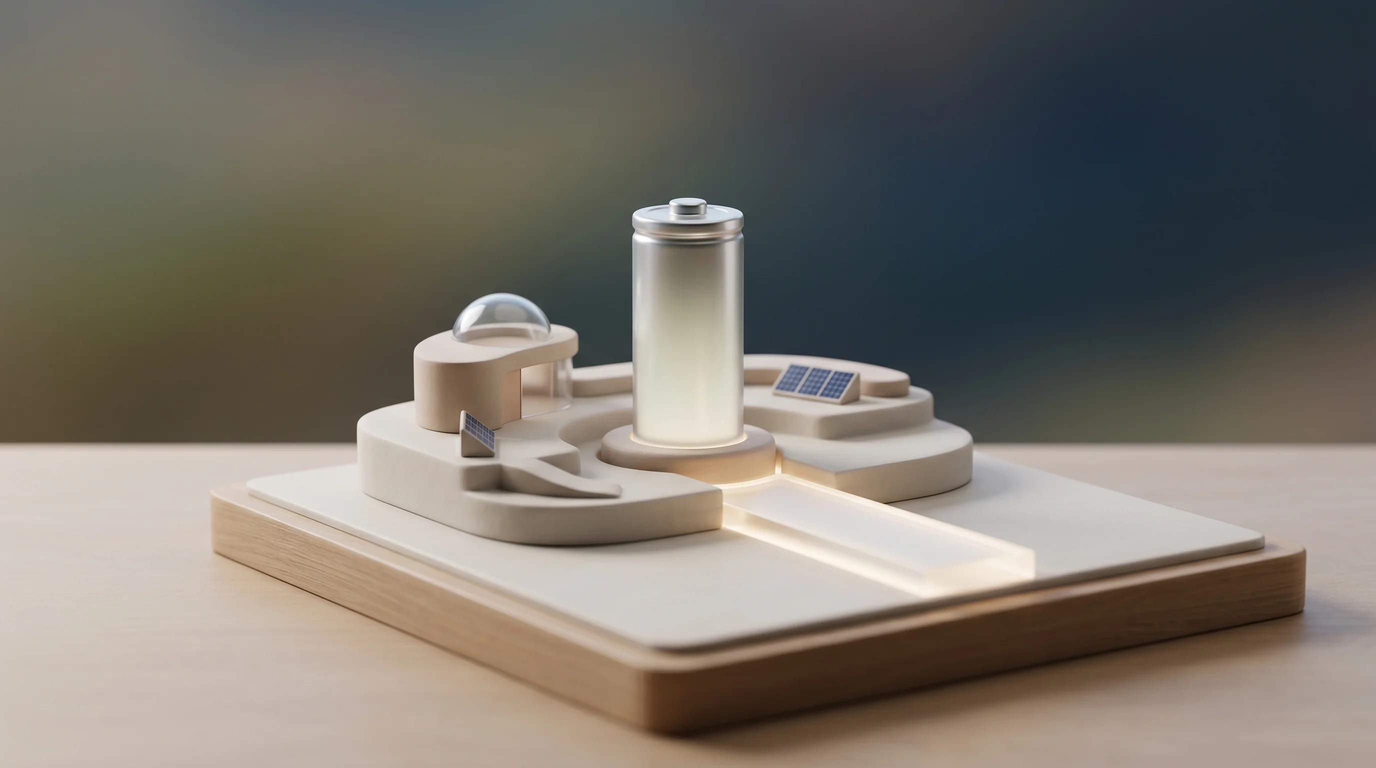Digital illustration for article section "What Happens Next" in "AmpliSi Raises £2M to Scale Silicon Battery Anodes for EVs" - A clean, minimal conceptual representation of an early-stage battery tech startup's future growth, f...