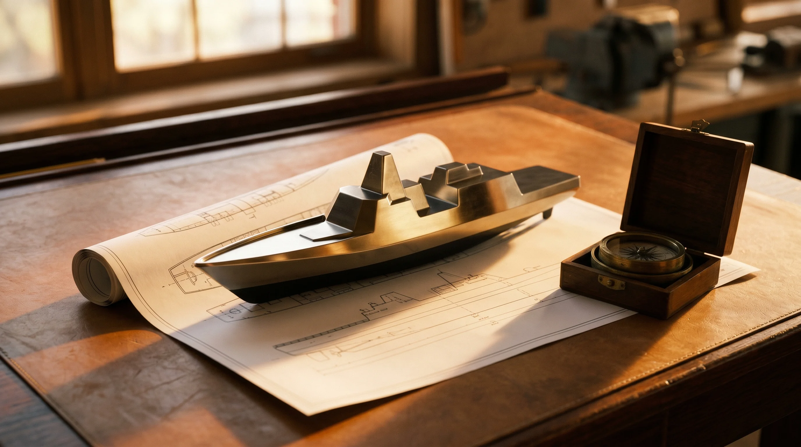 Digital illustration for article section "A Naval Architect and an Admiral" in "Rekise Marine Raises $9.7M to Build Autonomous Naval Submarines" - A clean, minimalist conceptual still life representing the intersection of naval architecture and de...