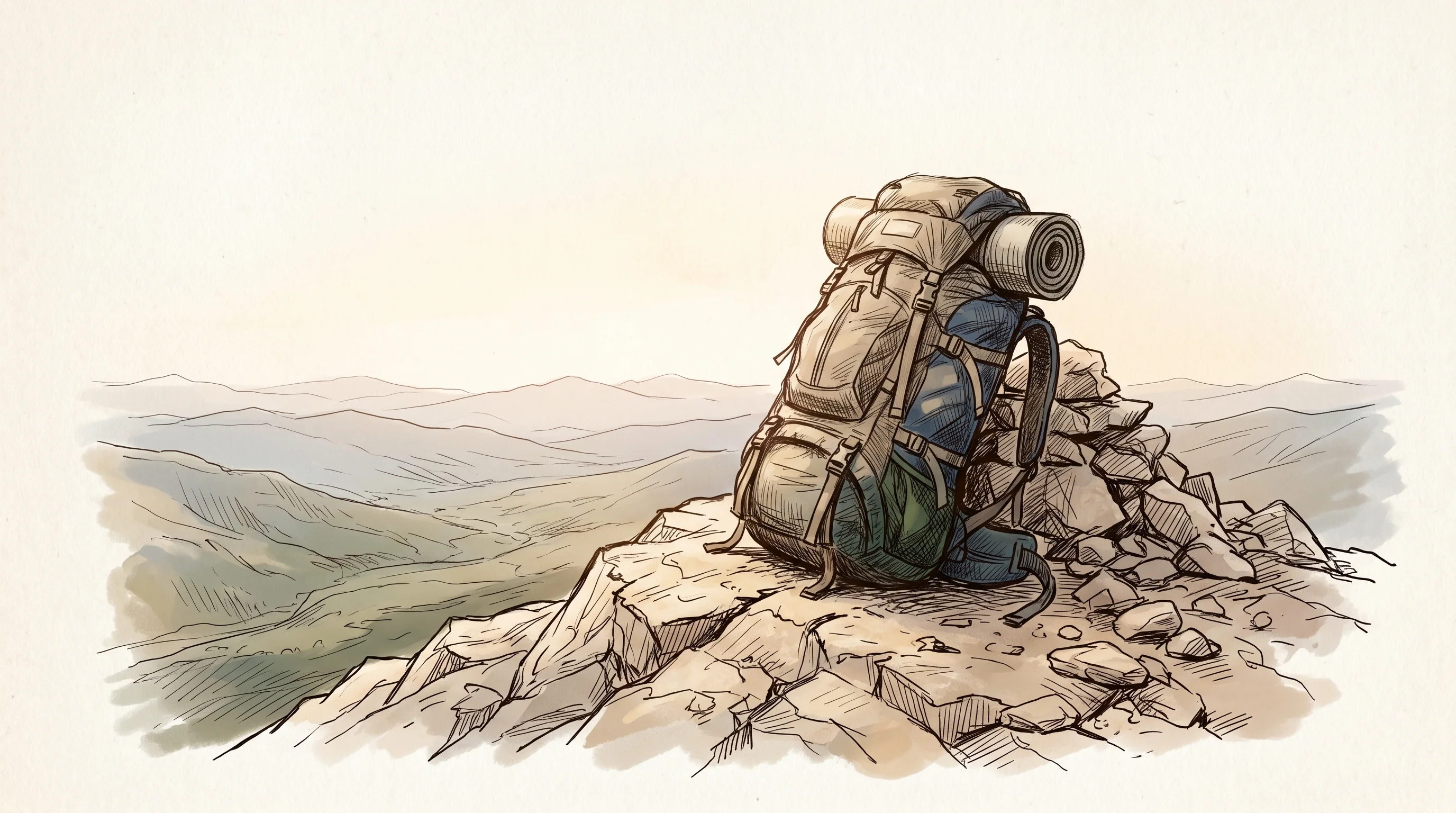 Digital illustration for article section "Type 2 Fun" in "Bezos Returns as Co-CEO: Prometheus Raises $12B for Industrial AI" - A clean, minimal composition featuring a single, heavy mountaineering backpack resting triumphantly ...