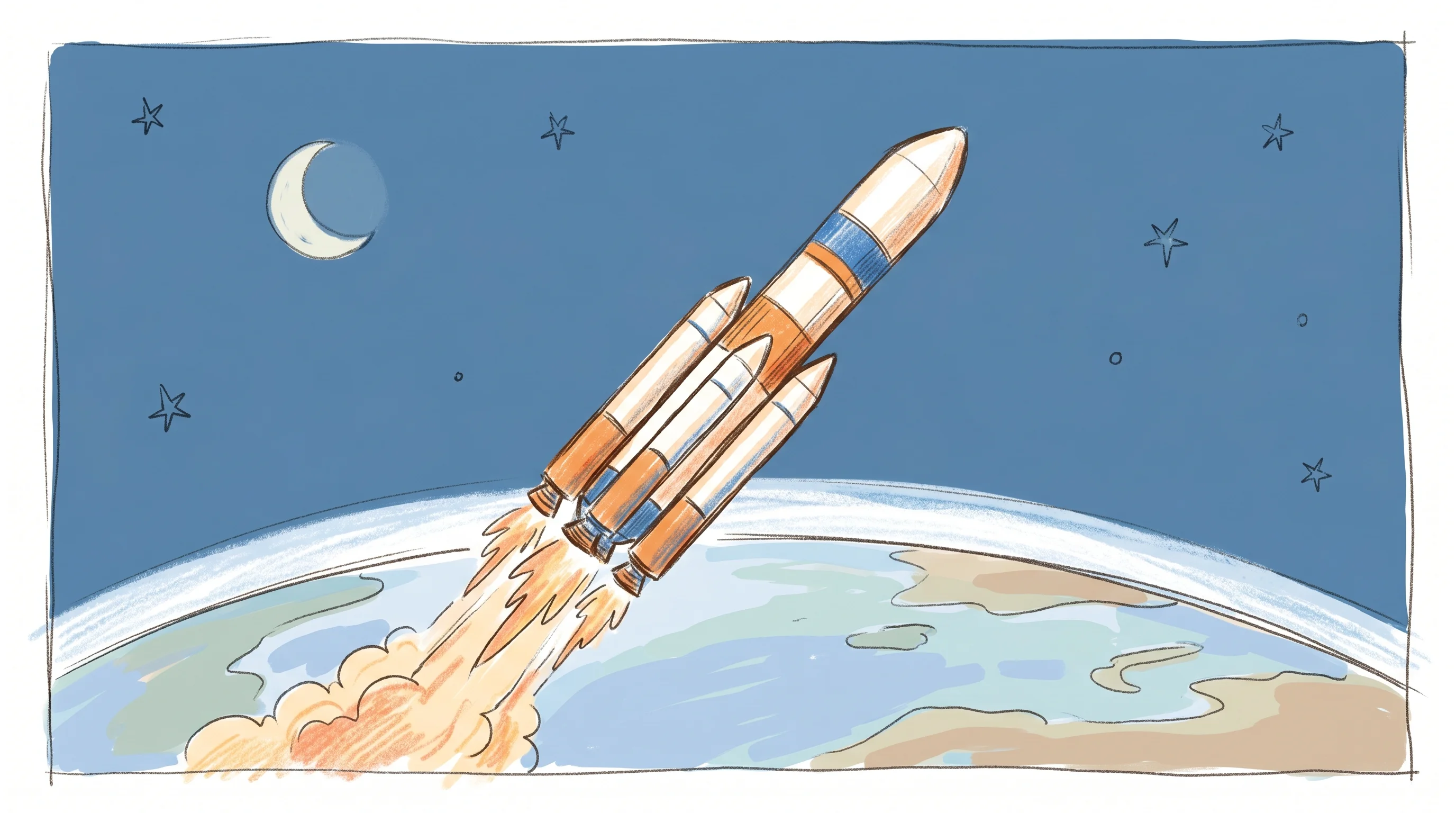 Digital illustration for article section "The Blue Origin Backdrop" in "Bezos Returns as Co-CEO: Prometheus Raises $12B for Industrial AI" - A towering, modern heavy-lift rocket ascending into orbit above the gentle curvature of the Earth, c...