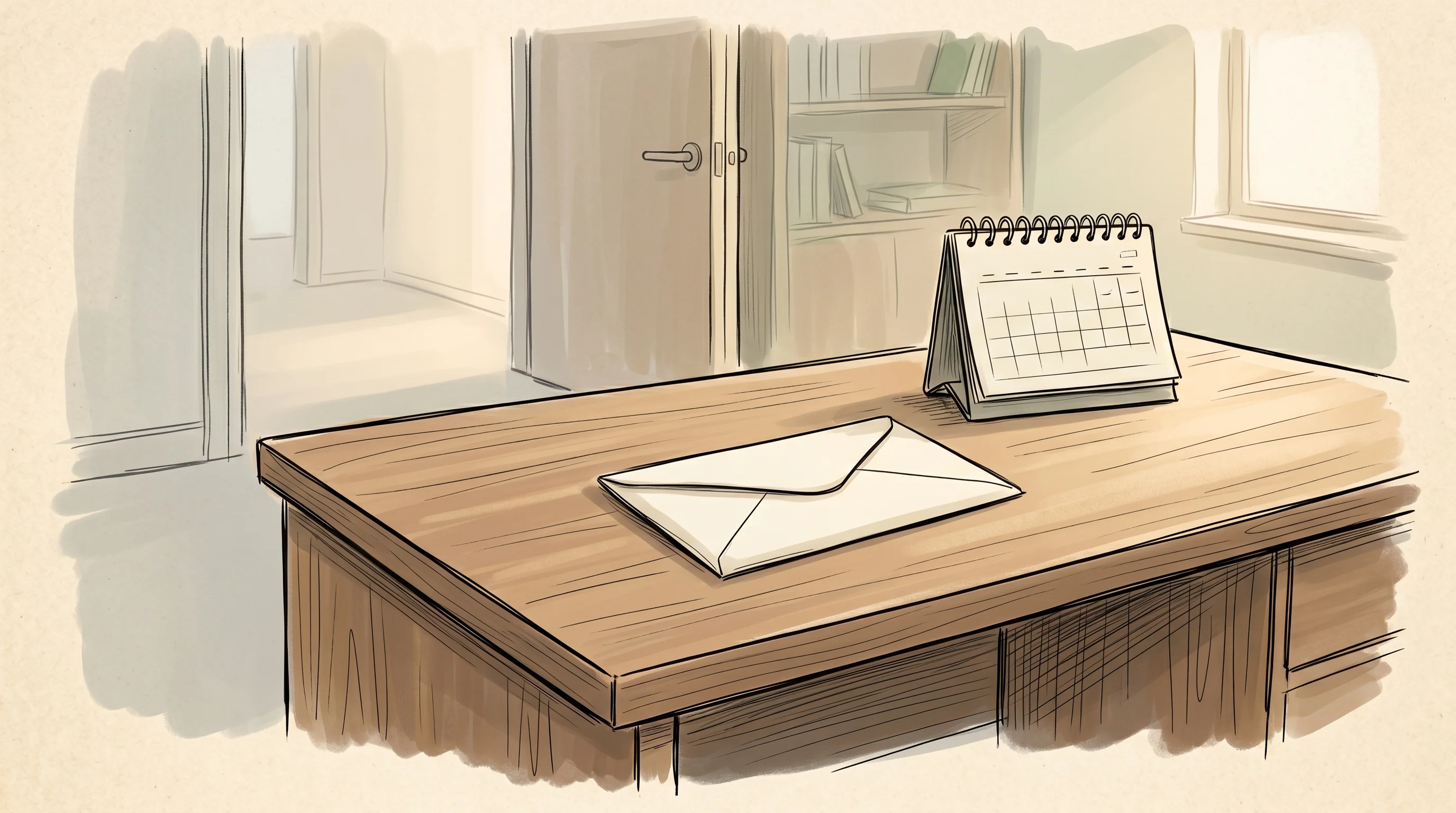 Digital illustration for article section "Sixteen Days, Then the Exit" in "Bybit-Backed Printr Refunds $2M After Rocky Launch of Token Platform" - A clean, minimalist composition featuring a modern, empty executive desk with a simple, sealed resig...