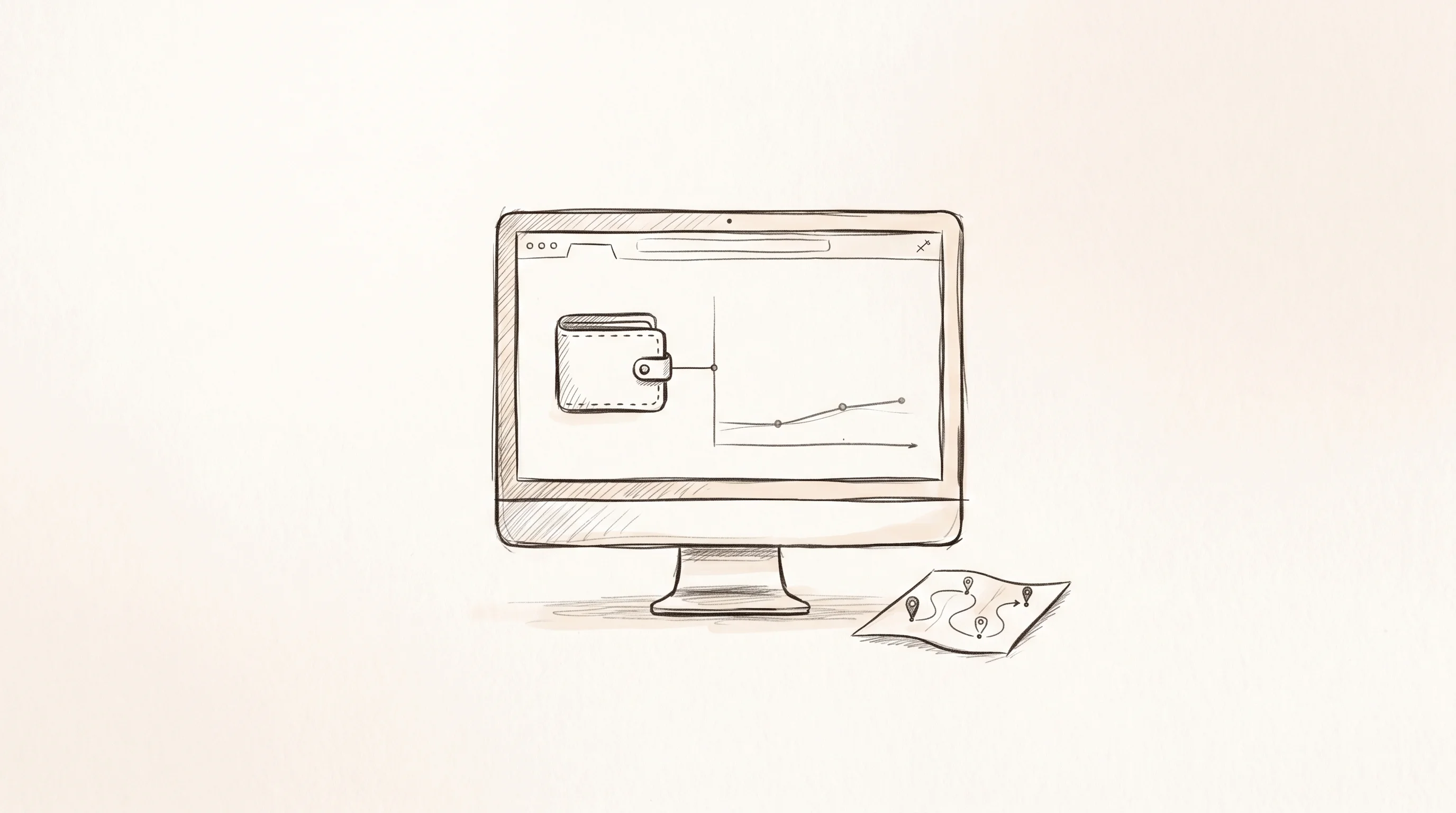 Digital illustration for article section "Where Things Stand Now" in "Bybit-Backed Printr Refunds $2M After Rocky Launch of Token Platform" - A clean, minimalist composition featuring a single, stylized computer monitor displaying a simplifie...