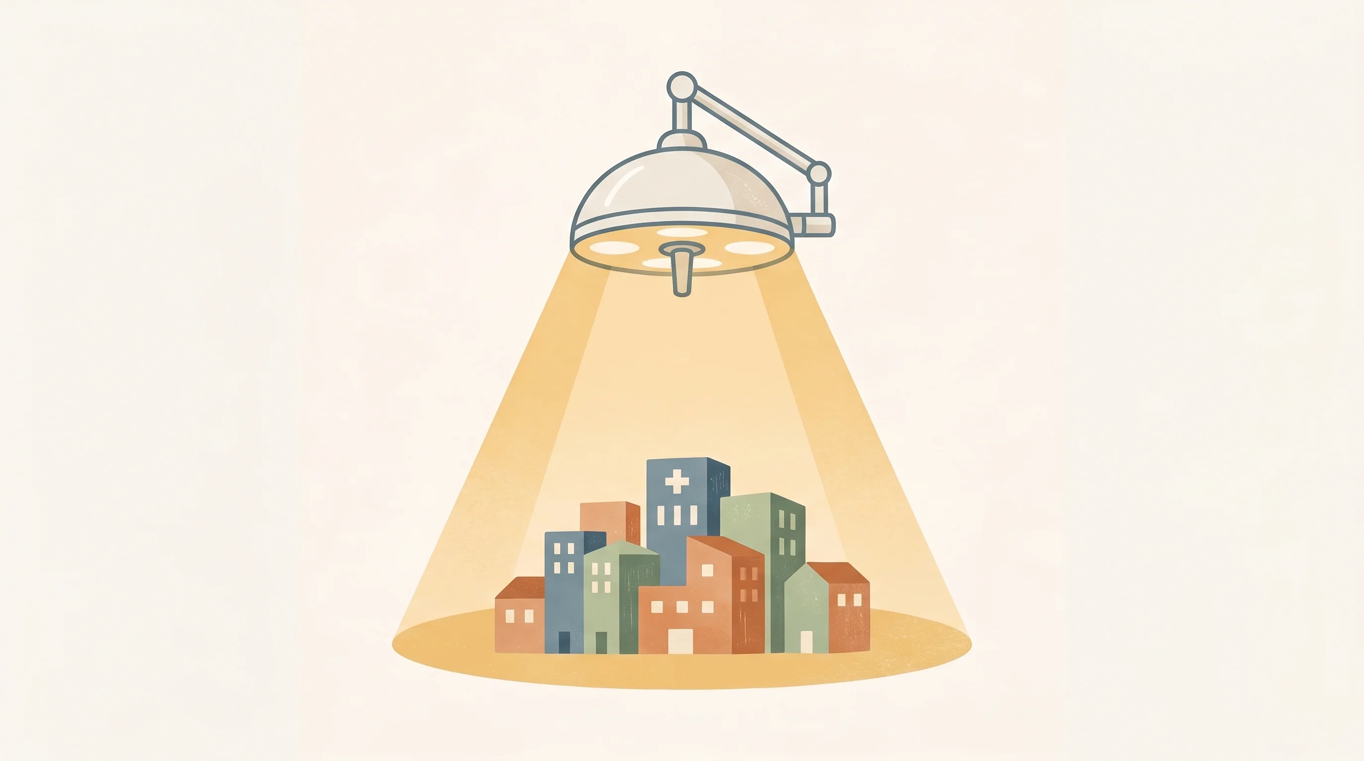 Digital illustration for article section "Building Community Before Market Share" in "Uncovr Raises $7M Seed Led by Index for AI Surgical Documentation" - A minimalist, conceptual illustration of a large, simplified surgical operating room light casting a...