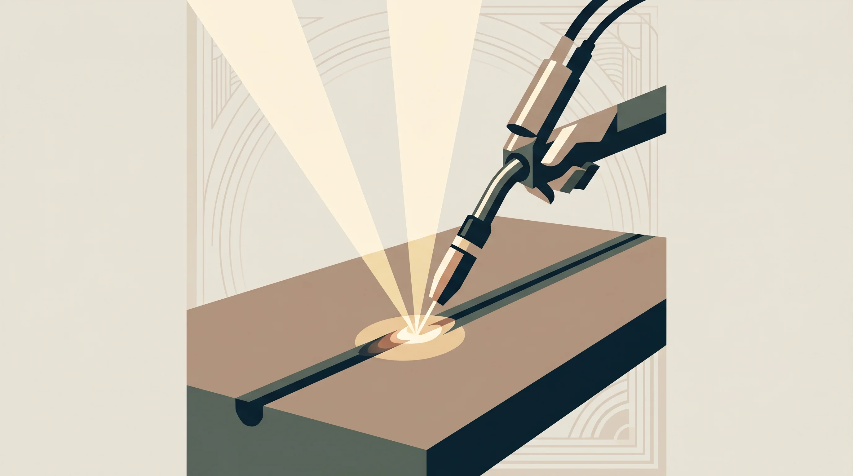 Digital illustration for article section "Three Technologies Converge" in "AI Tackles America's 320,000 Welder Shortage as Robots Learn to Weld" - A clean, minimalist illustration of a sleek automated welding torch dynamically tracking a precise s...