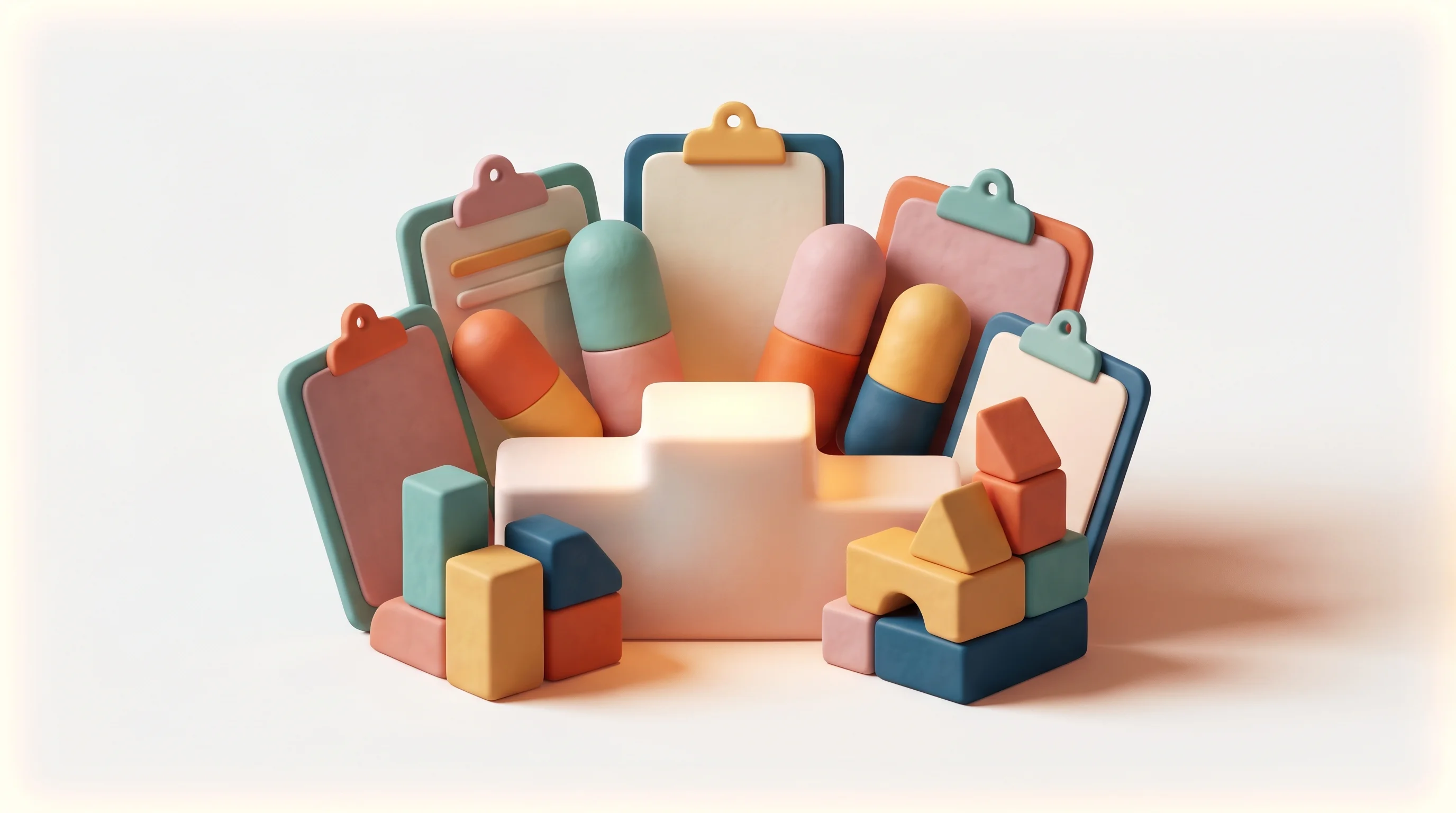 Digital illustration for article section "A Crowded Field, But Not Yet a Winner" in "Risklick's Protocol AI Gains Traction in Clinical Trial Automation" - A conceptual and minimal 3D illustration representing a crowded competitive field with no clear winn...
