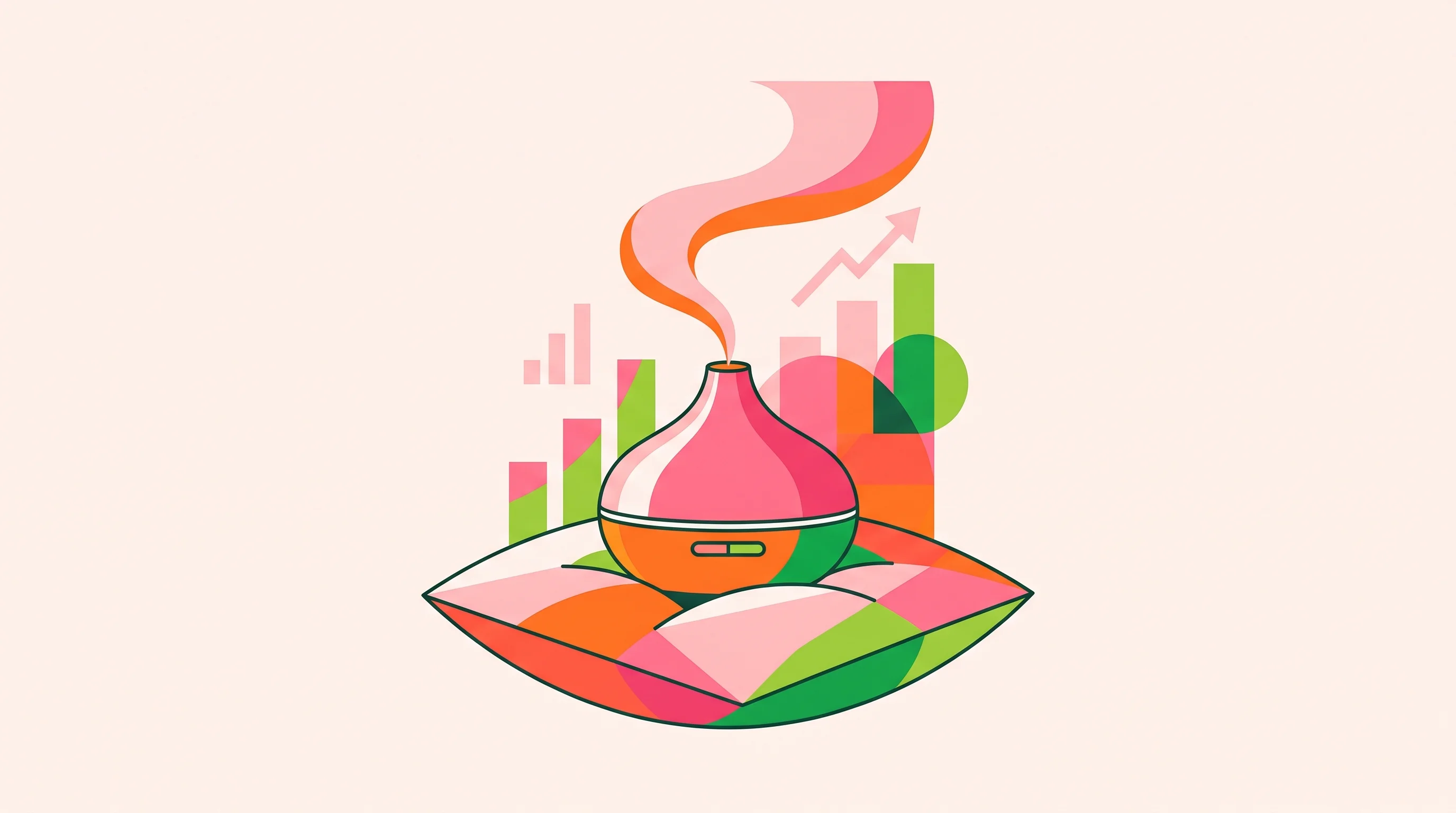 Digital illustration for article section "Scent Tech Meets a Suddenly Crowded Field" in "Kimba Raises $6.5M for AI-Powered Sleep Device Using Scent Therapy" - A clean and minimalist conceptual illustration of a sleek, modern aroma diffuser resting peacefully ...