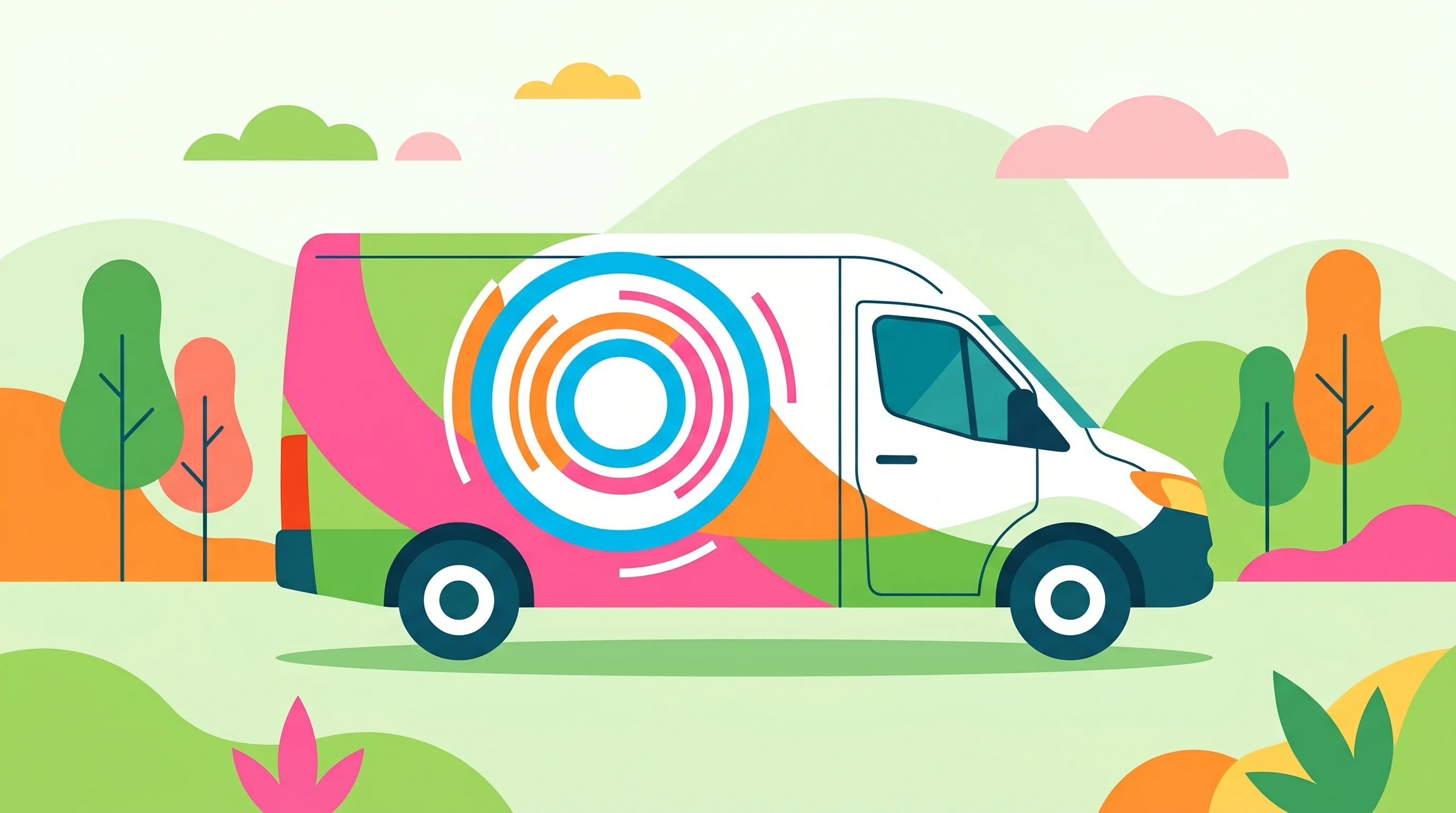 Digital illustration for article section "Adialante's Mobile-First Gambit" in "Gradient-Free MRI: How Adialante Plans to Democratize Cancer Screening" - A sleek, modern mobile medical clinic van featuring a conceptual, stylized MRI scanning ring seamles...